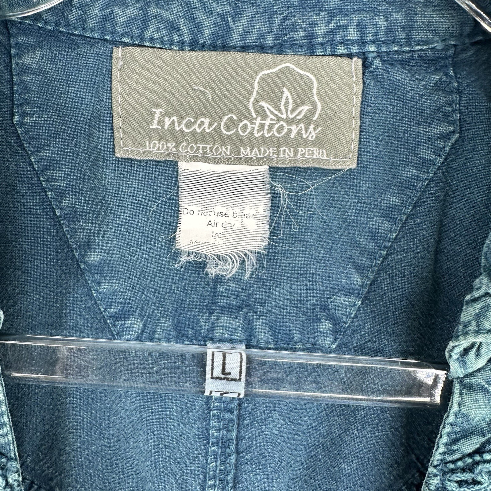 Inca Cottons Embroidered Collared Button Up Shirt Size Large Blue 100% Cotton