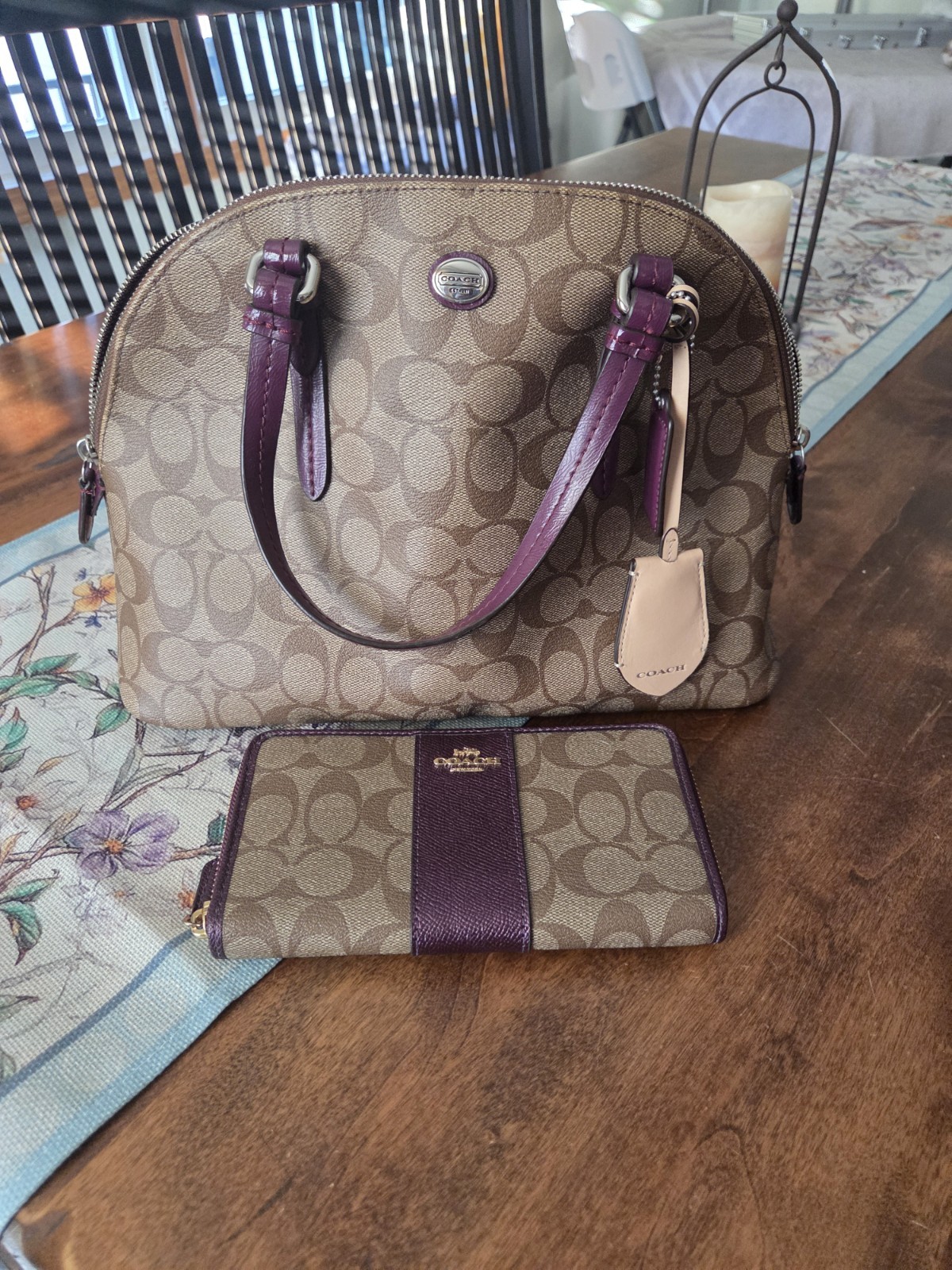 COACH PEYTON SIGNATURE Coated DOMED SATCHEL khaki/purple No.F1381-F24606