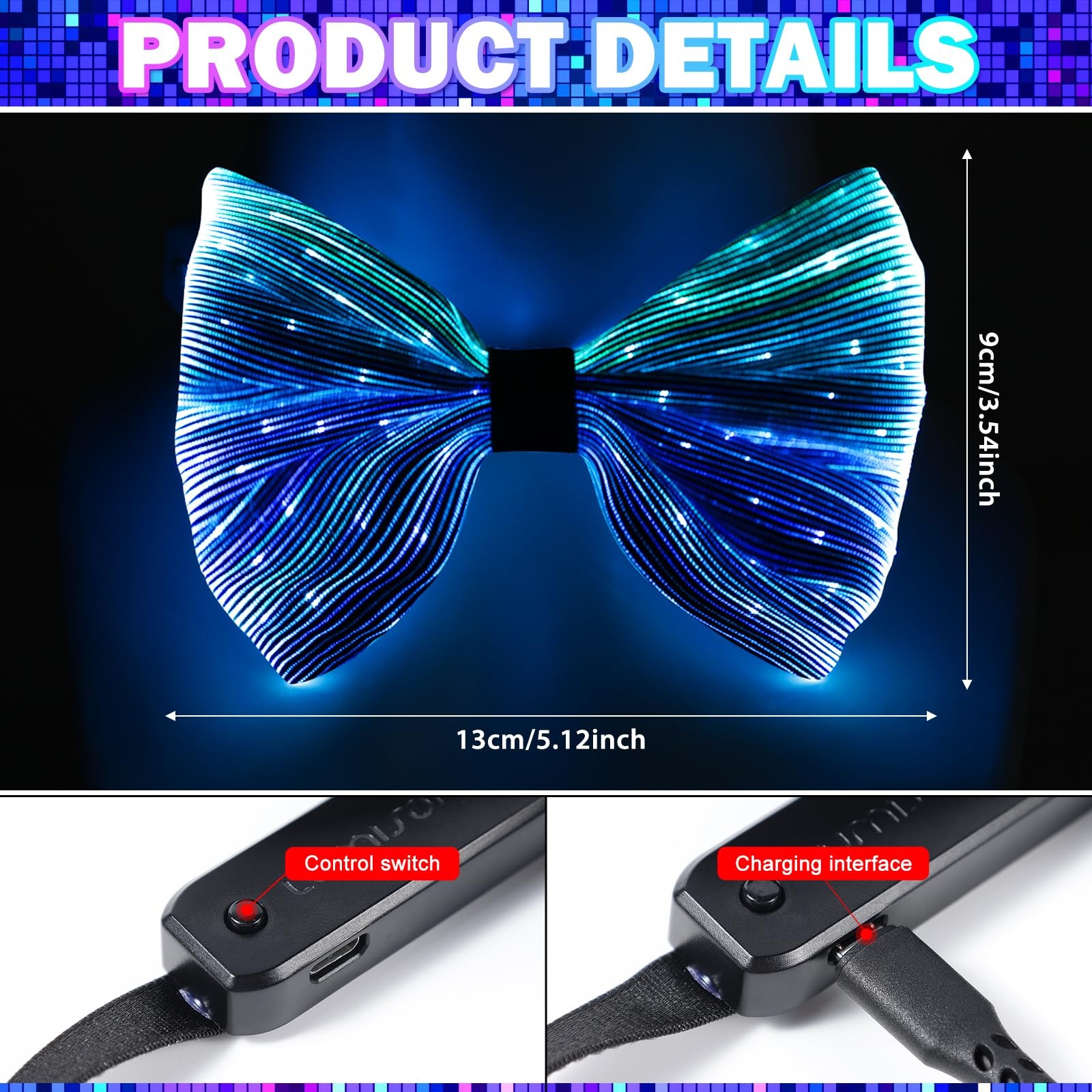 light up bow tie Rechargeable Fiber Optic Bowtie 7 Colors & 5 Modes – Disco,
