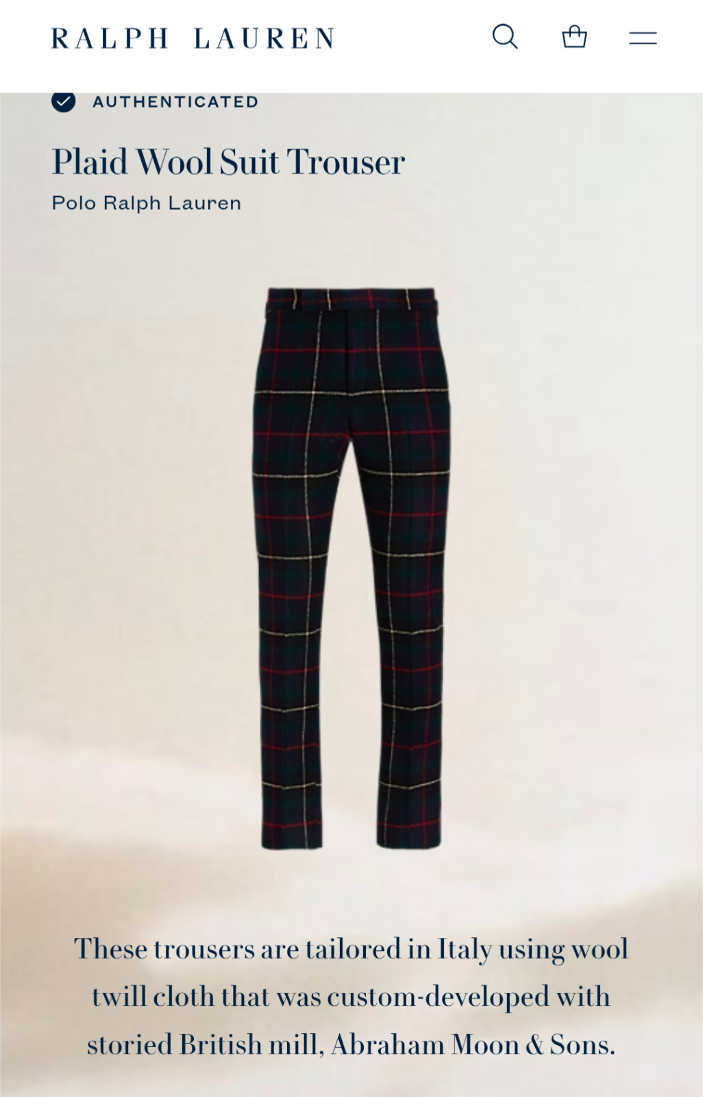 POLO Ralph Lauren Tailored Plaid Wool Suit, Velvet Collar, Size 38 R NWOT Italy