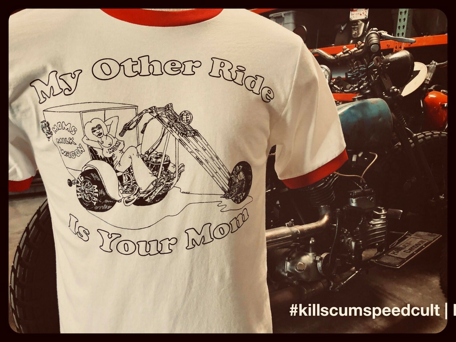 My Other Ride Is Your Mom black & red 50 50 poly cotton blend biker 70’s tee vtg