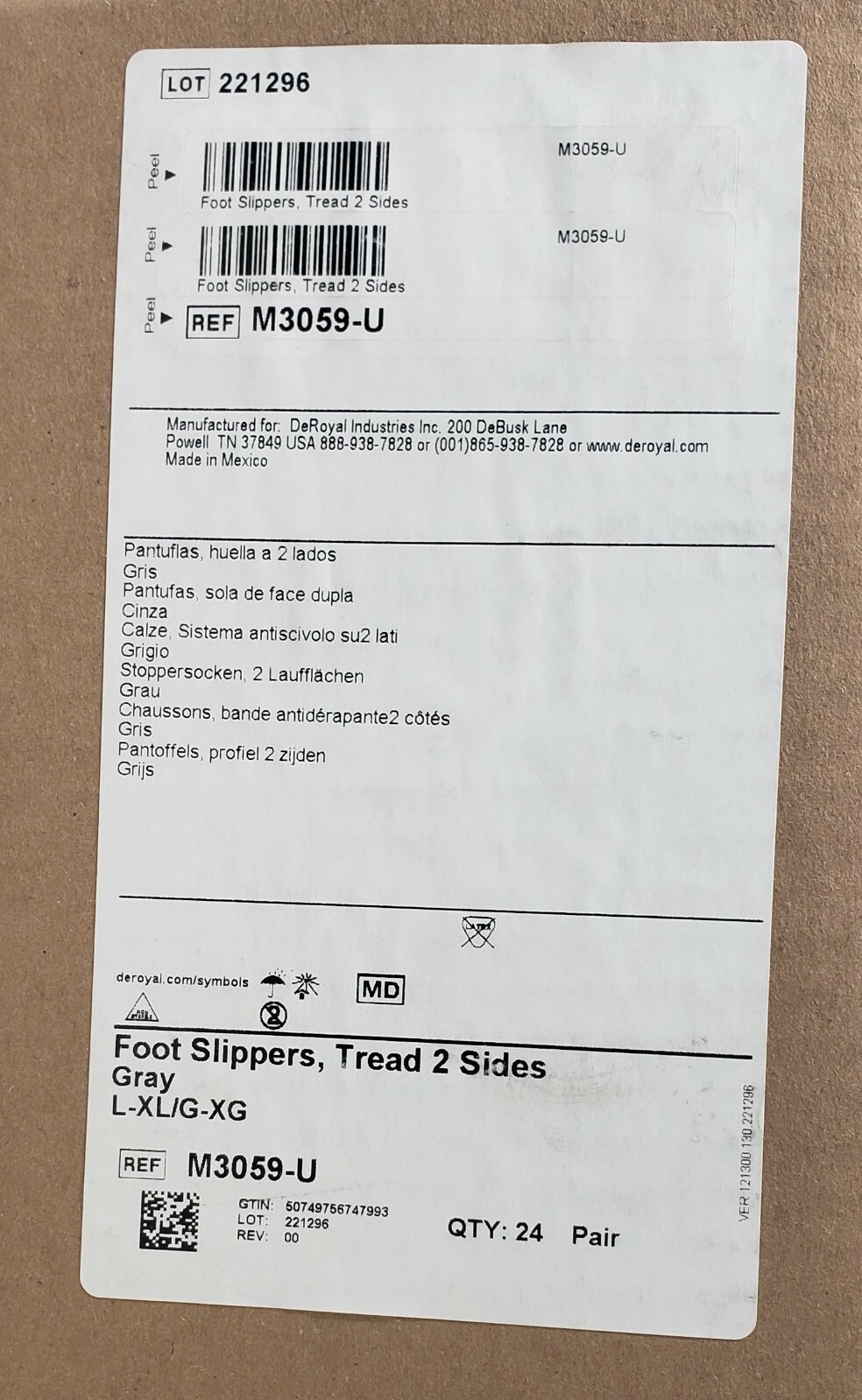 Box of 24 Pairs Deroyal Double Sided Footies Non Skid Hospital-Grade L/XL Gray