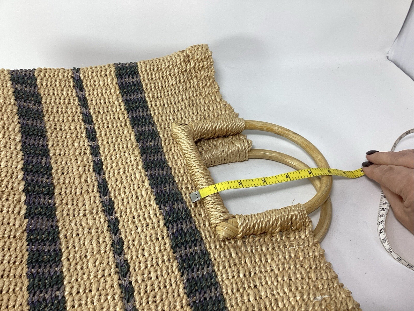 Woven Abaca Fiber Boho Tote Blue Stripes 14”x12”