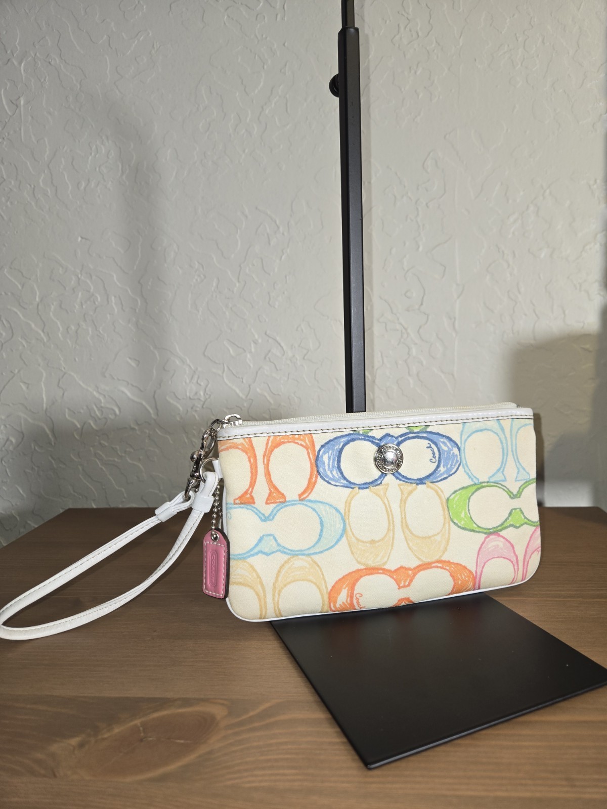Coach Logo Wristlet Zip Pouch White Multicolor Wrist Strap 7.75 x 4.5