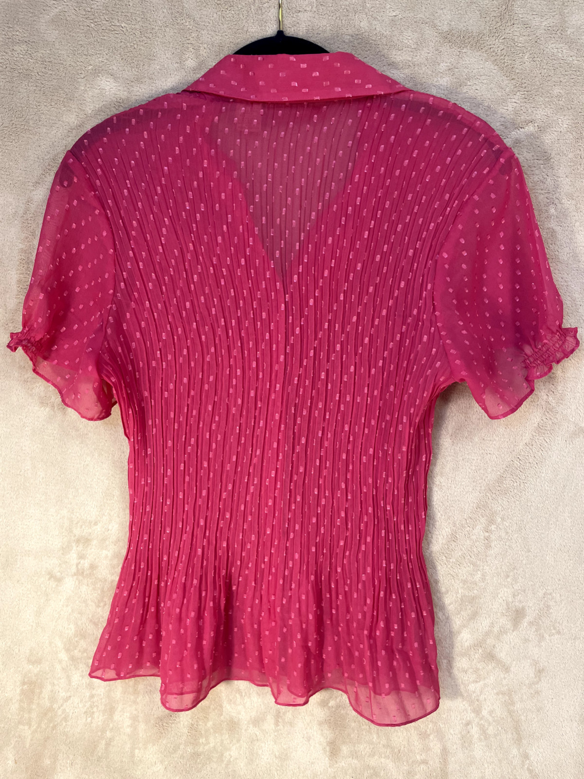Misty & Max Sz L Women’s Sheer Pink Button Ruffle Collar Blouse Shirred Cuff