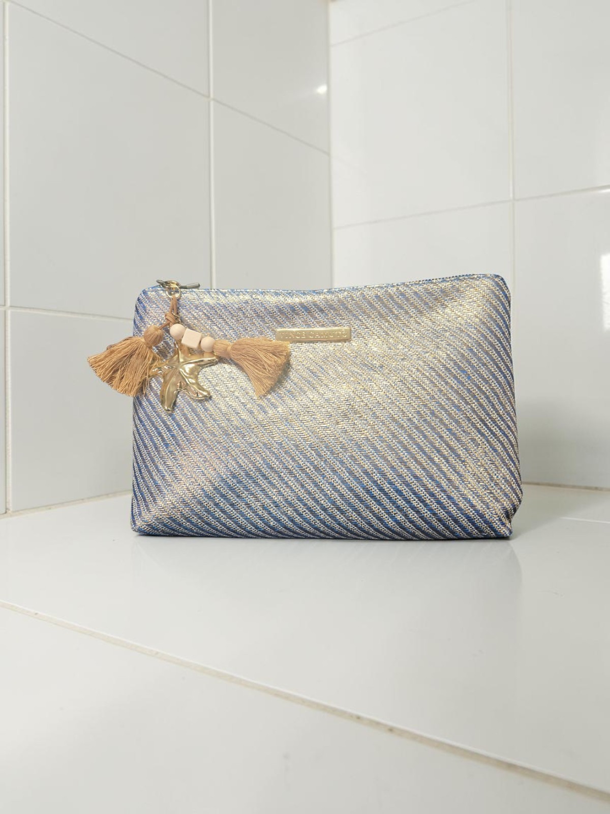 NEW Vince Camuto Blue Pouch Clutch with Seashell Bag Charm Dimensions 10″x7″x3″