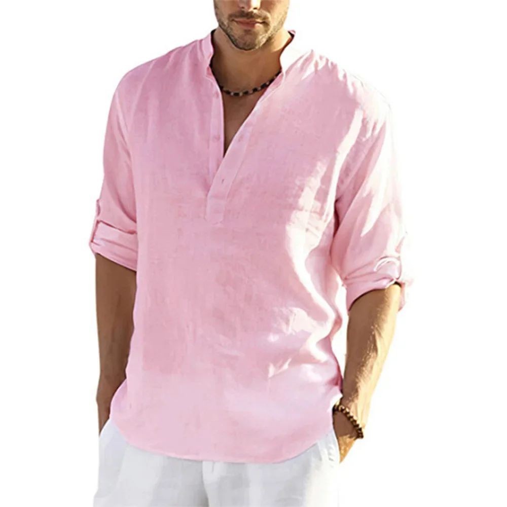 Men’s Cotton Linen Shirt Stand Collar Long Sleeve Casual Pullover Top