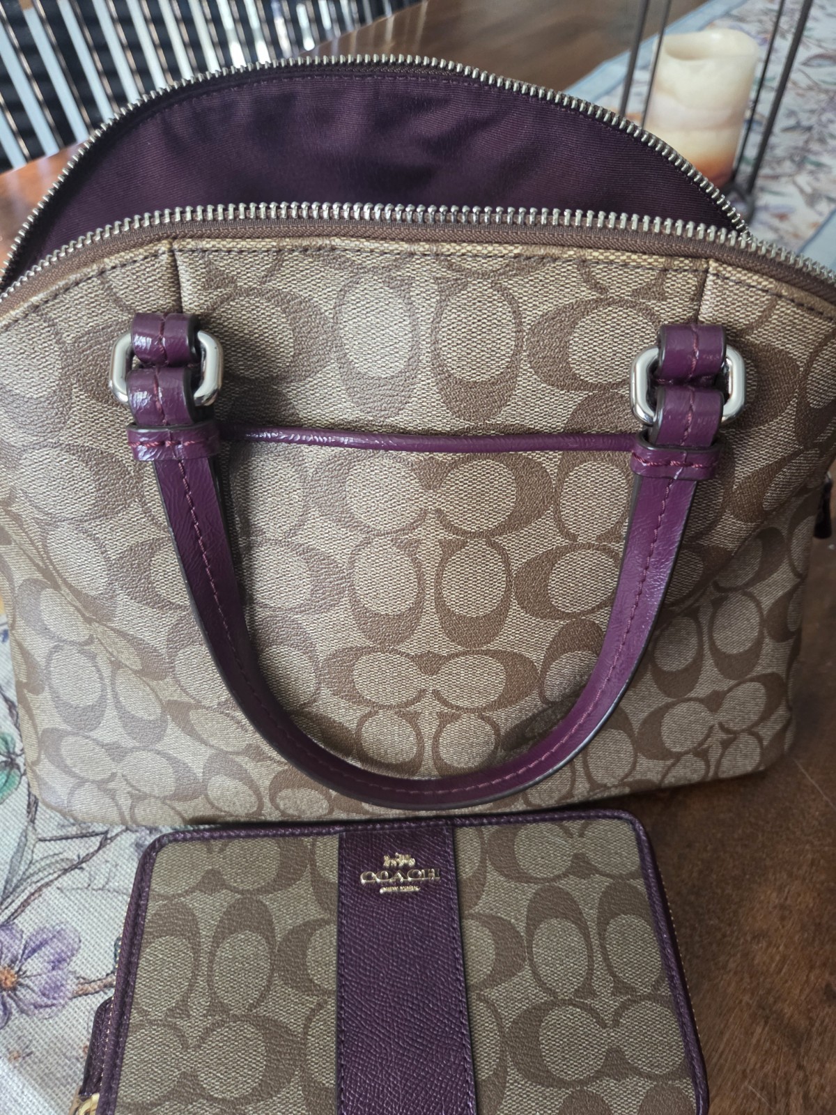 COACH PEYTON SIGNATURE Coated DOMED SATCHEL khaki/purple No.F1381-F24606