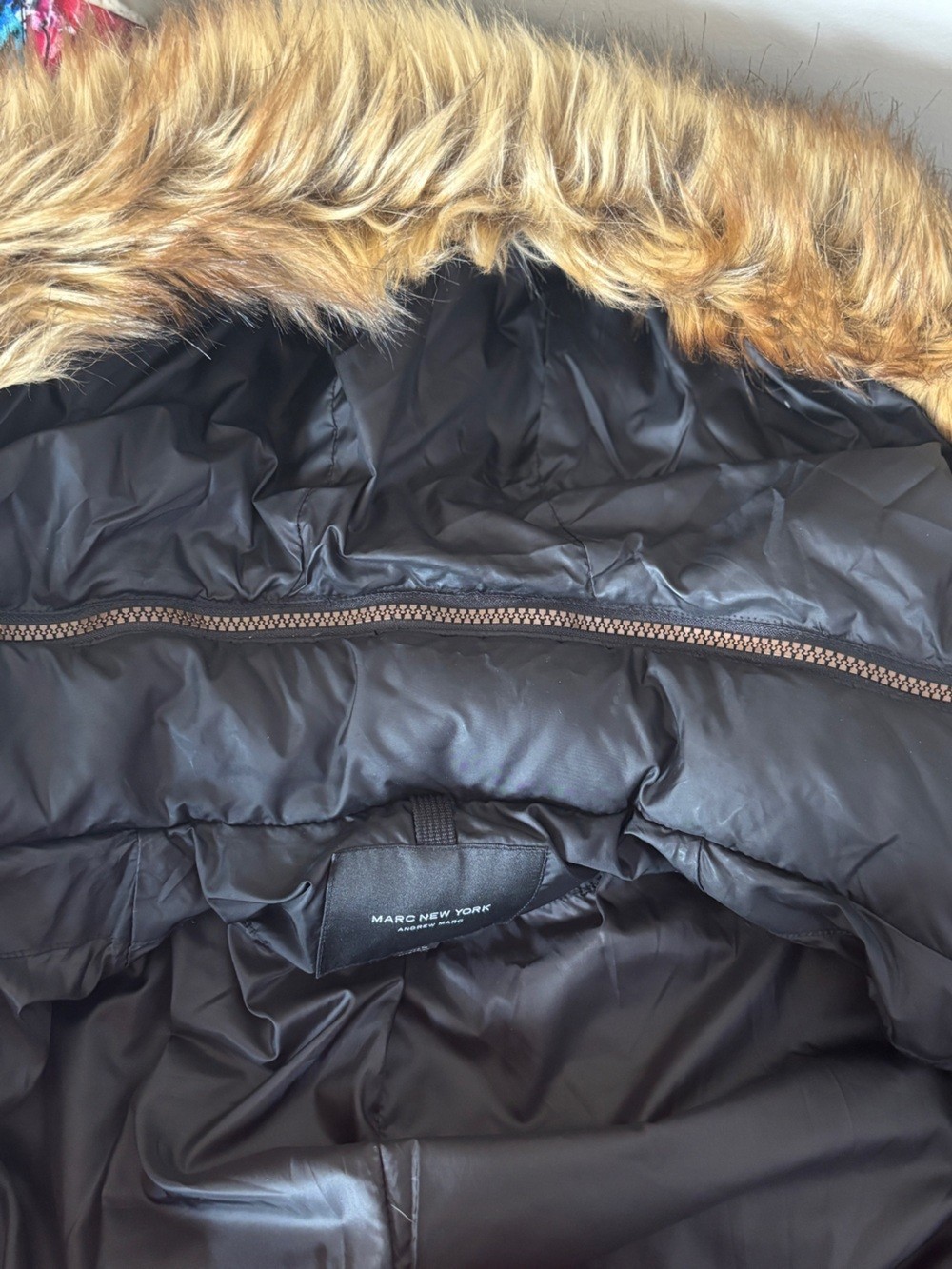 Marc New York Andrew Marc Black Puffer Coat Faux Fur Trim Hood Women’s XS