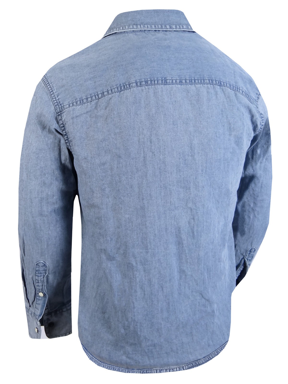Denim Shirt Light Blue Wash Cotton Men Western Snap Pocket Flaps Matching Stitch