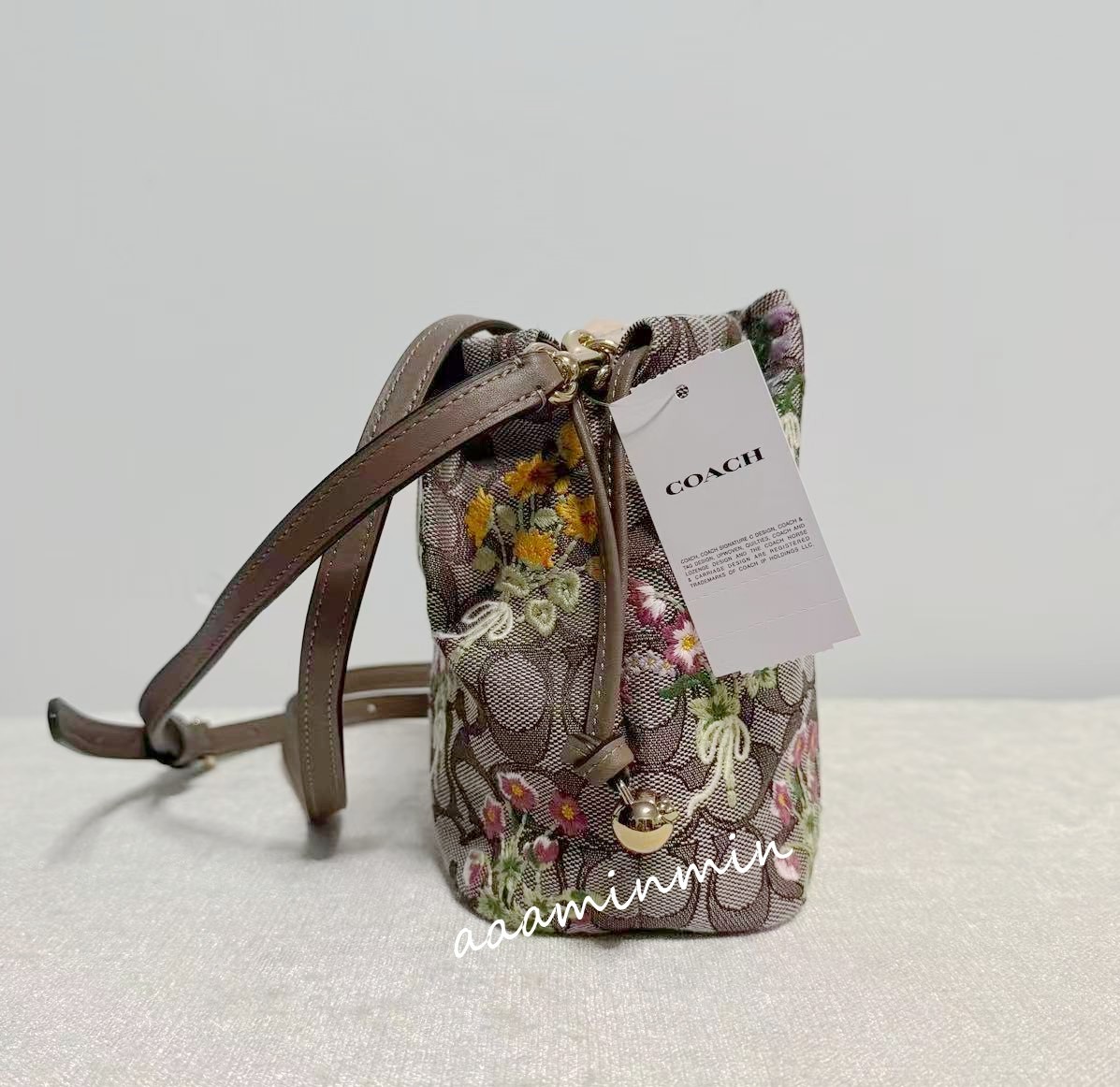 NWT Coach Faye Mini Drawstring Bag In Signature Jacquard With Floral Embroidery