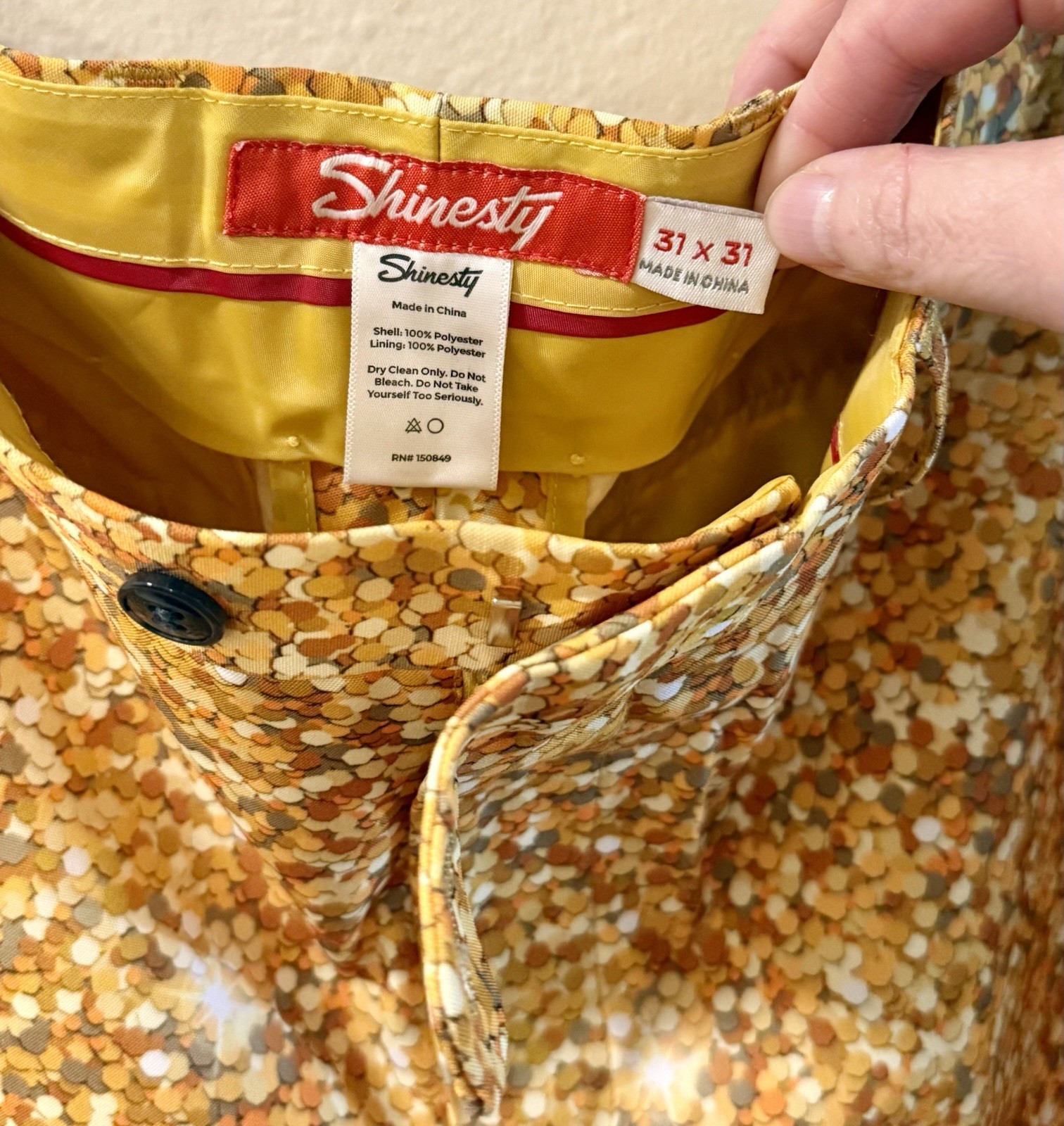 Shinesty Gold Sequin Satin Lined Slim Straight Flat Front Dress Pants 31W