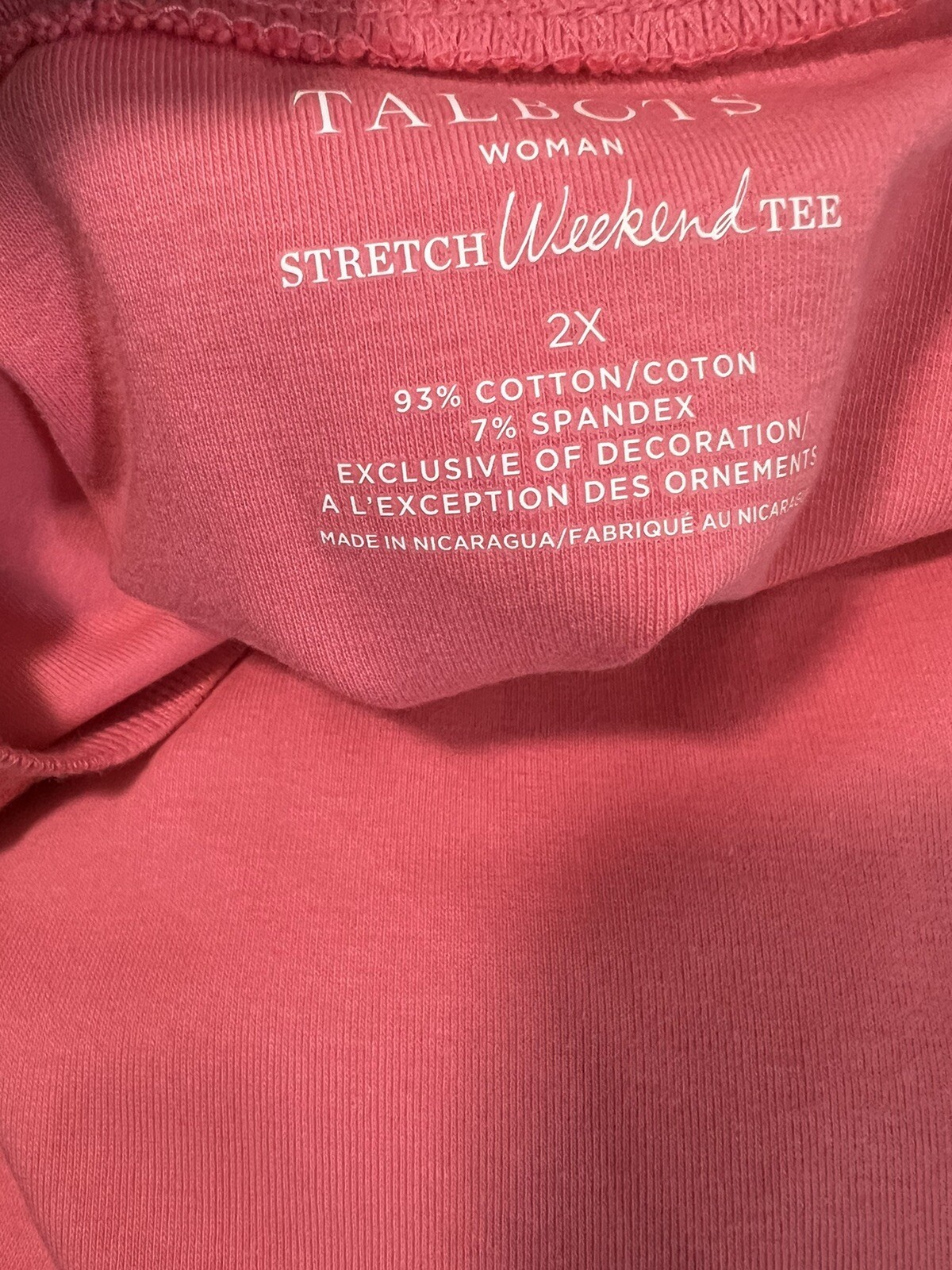 Talbots Woman Stretch Weekend Tee Top Short Sleeve Pink Sz 2X NWOT