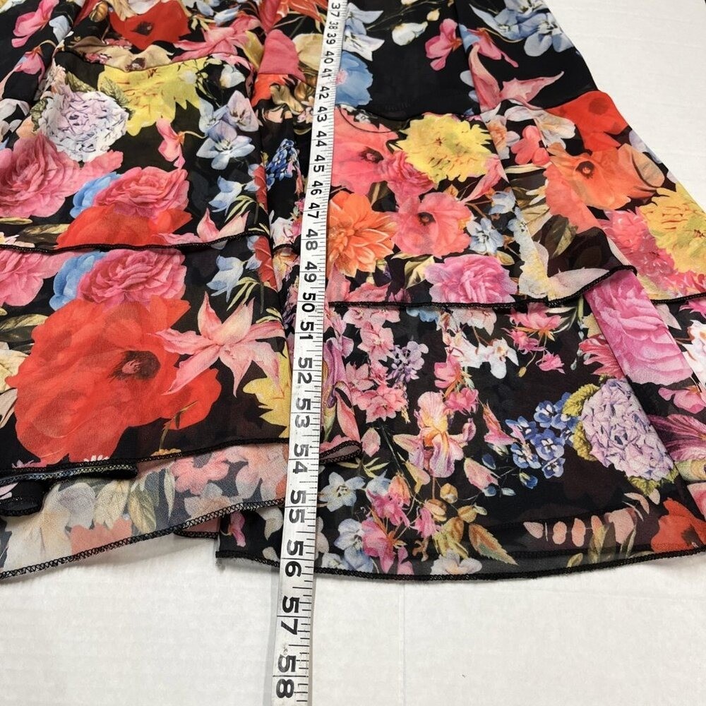 Dalia MacPhee Dress Black Chiffon Bright Floral Tiered Maxi Size S Flowy Event