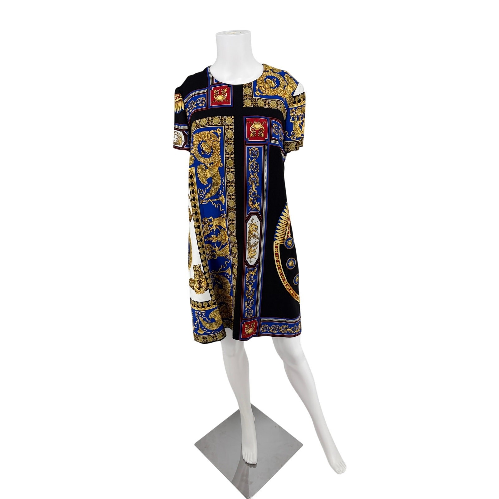 Versace Jeans Couture Blue Gold Black Baroque Print Shift Mini Dress IT 46