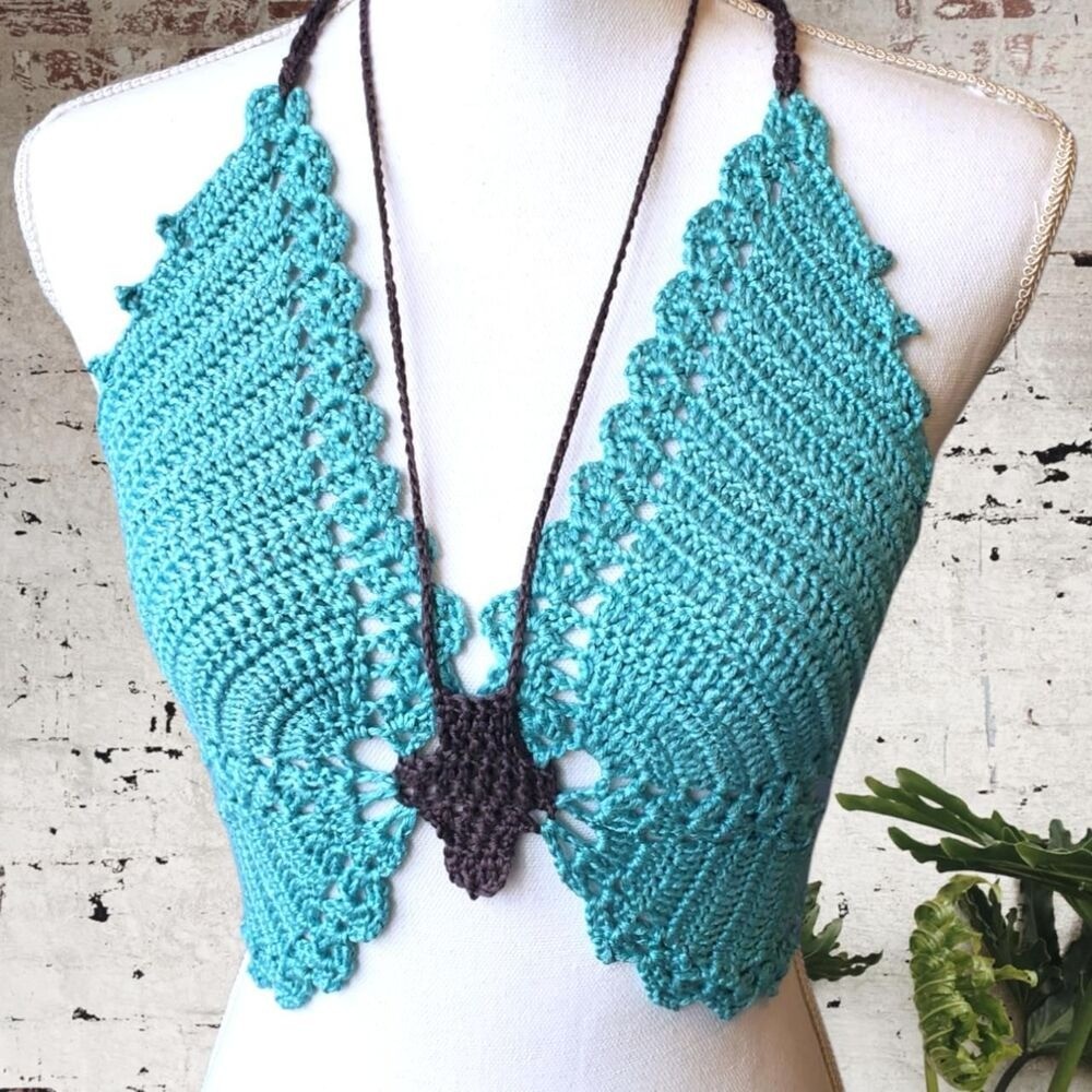 Handmade Crochet Butterfly Crop Top – Green & dark gray – Festival Fit