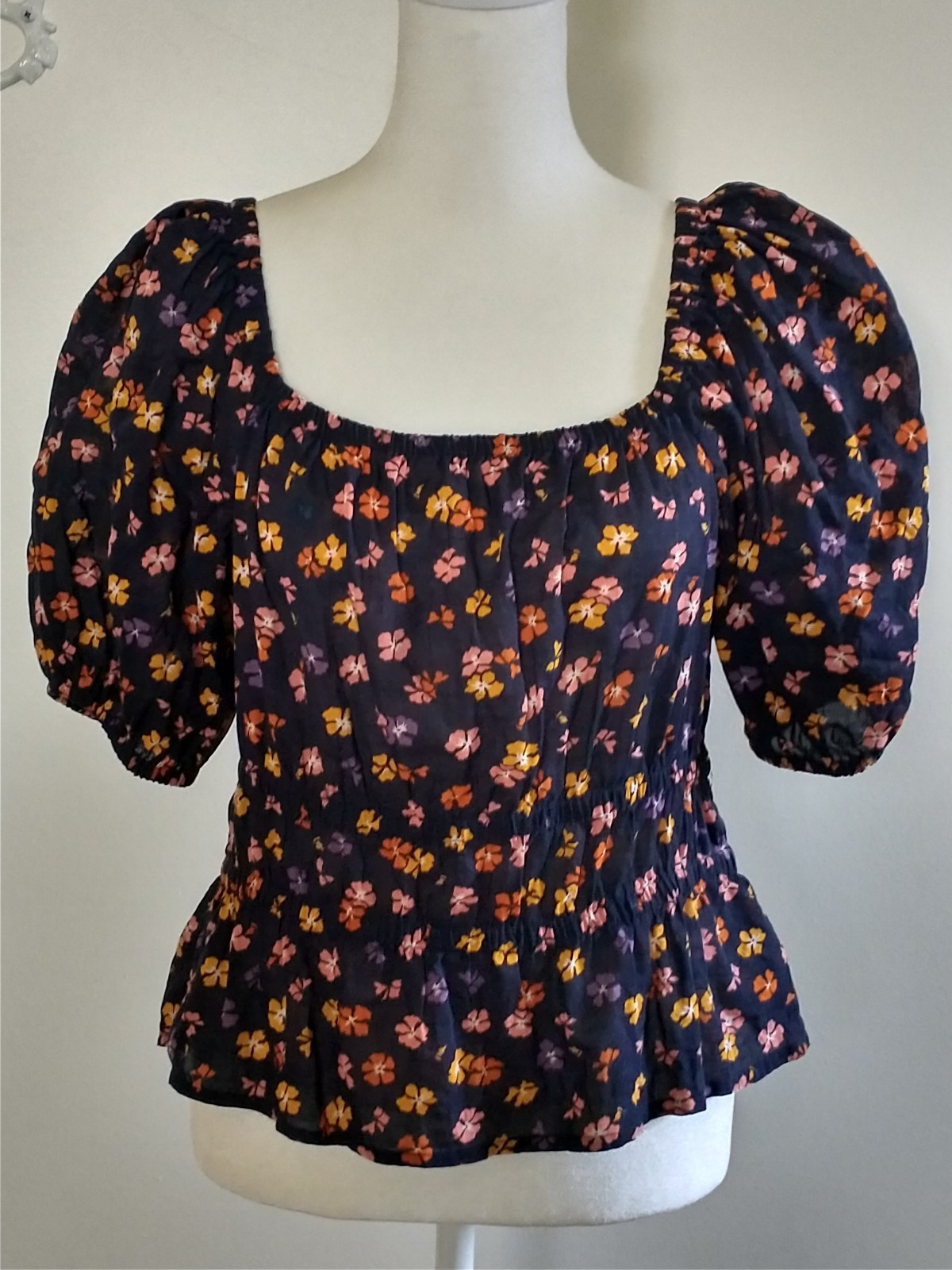 Madewell Navy Blue Floral Boho Peplum Puff Sleeve Blouse Top S