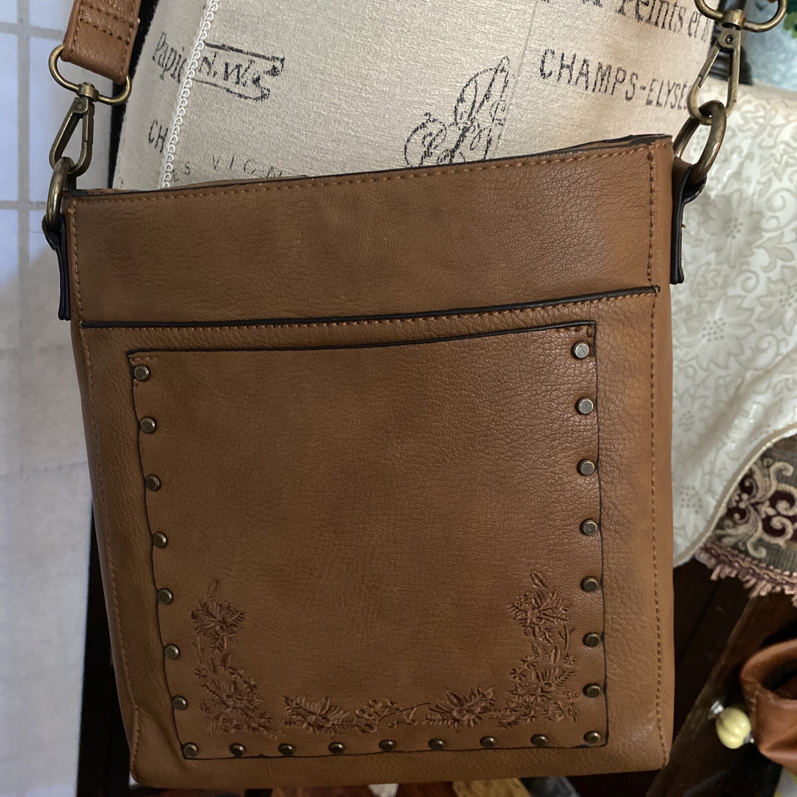 G.H. Bass Brown Embroid’d & Riveted Vegan Leather Shoulder Bag/Crossbody/Purse