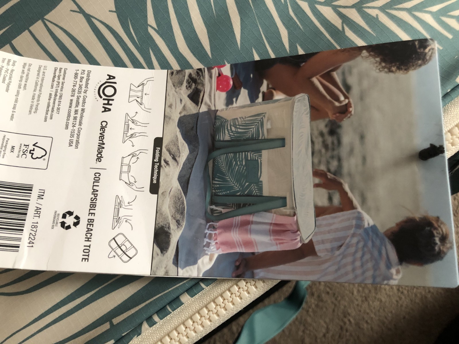 aloha clevermade collapsible beach tote Teal/Floral Design, New