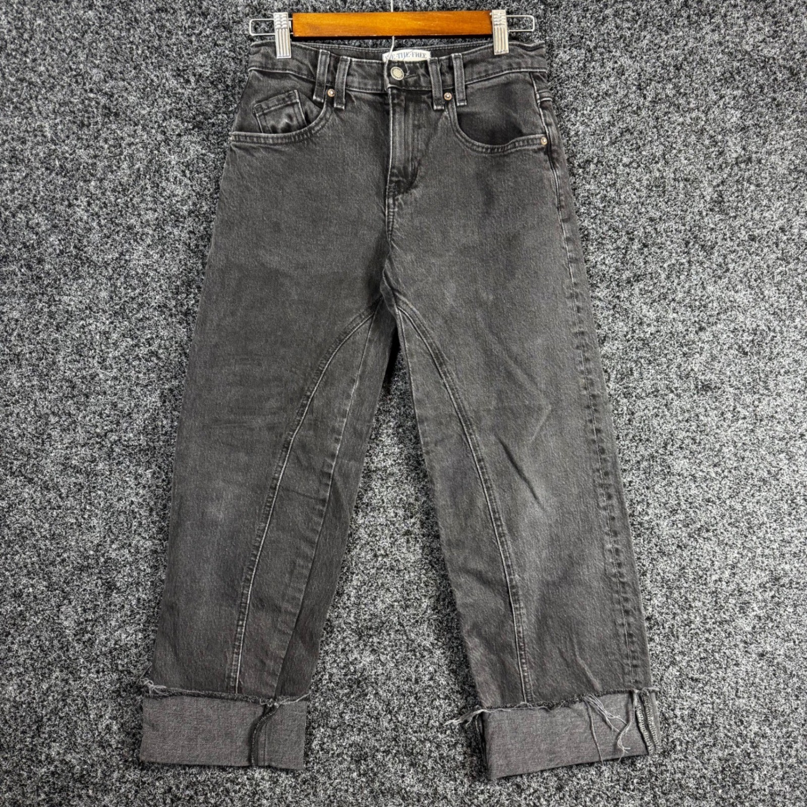 We The Free People Horseshoe Barrel Leg Jeans Black Washed Raw Cuff Size 24