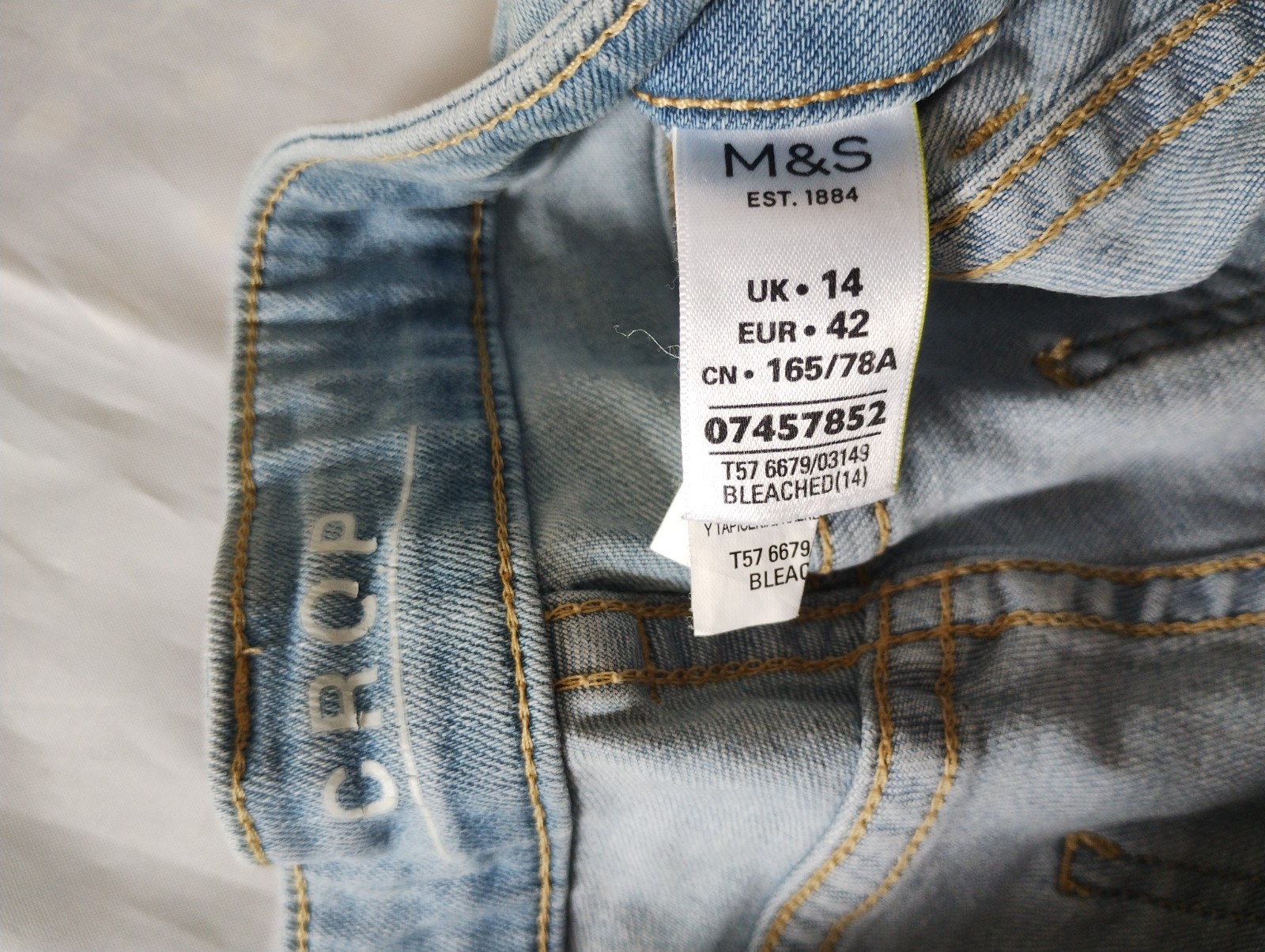 M&S Crop Blue Bleached Denim Jeans Size 14
