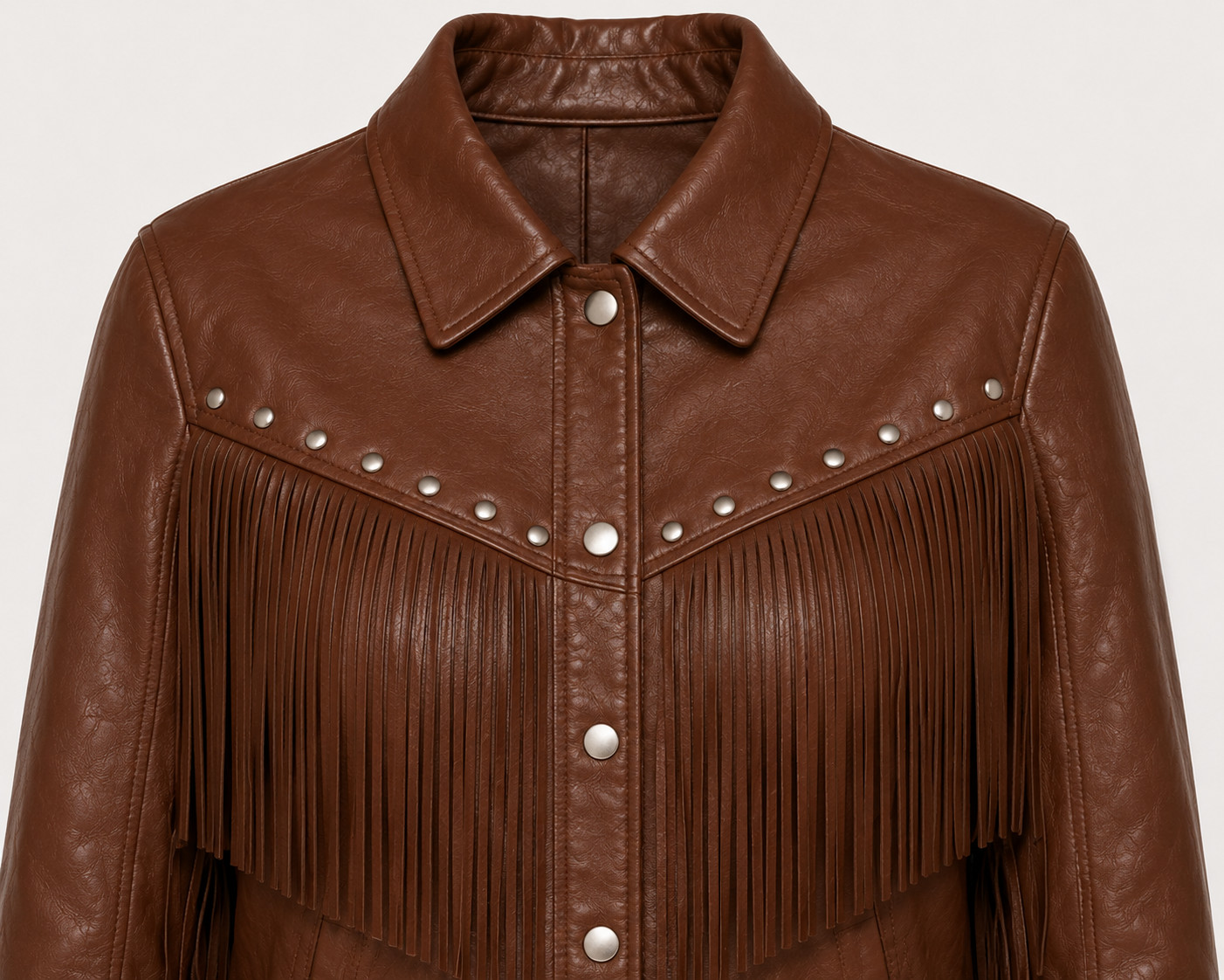 Womens Brown Leather Fringe Jacket – Western Studded Cowgirl Vintage Button Coat