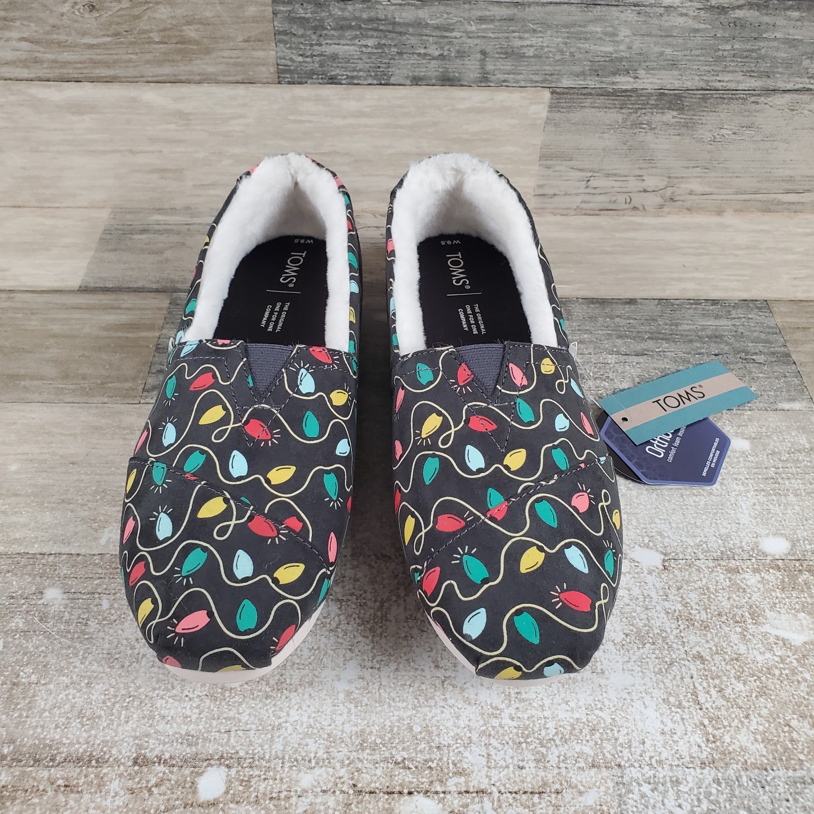 Toms Alpargata Womens Flat 9.5 Black Forged Iron Tree Lights Print Slip On Shoes