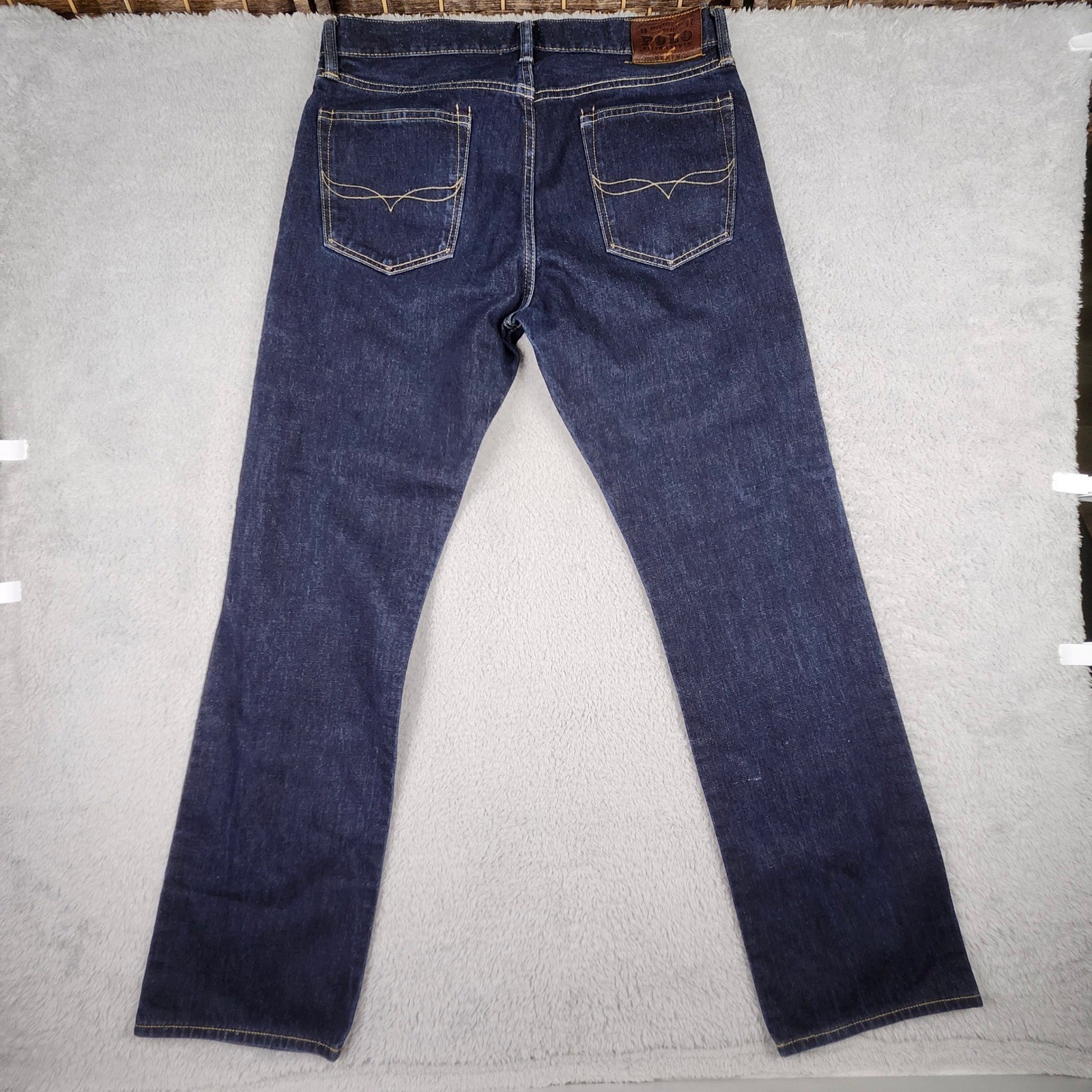 Polo Ralph Lauren Jeans Men 34×32 Dark Wash Straight Cotton Leather Patch Prep