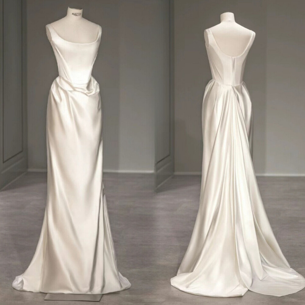Satin Sheath Wedding Dresses Scoop Neck Pleats Backless Bridal Gown Custom Made