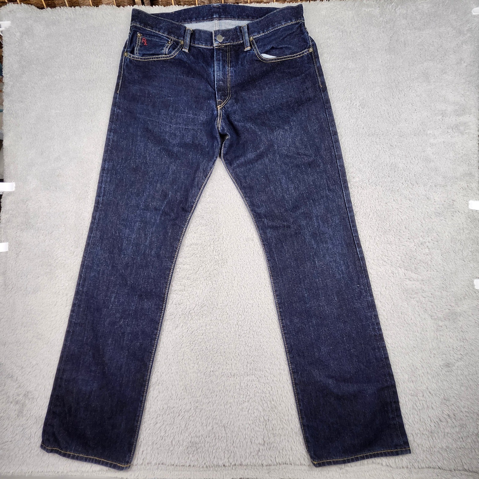 Polo Ralph Lauren Jeans Men 34×32 Dark Wash Straight Cotton Leather Patch Prep