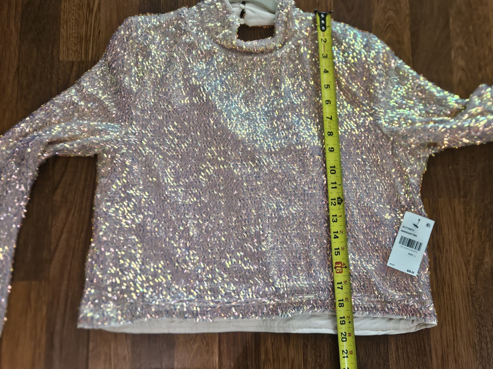 ASTR The Label Iridescent Pink Sequin Mock Neck Open Back Blouse Sz Large NWT