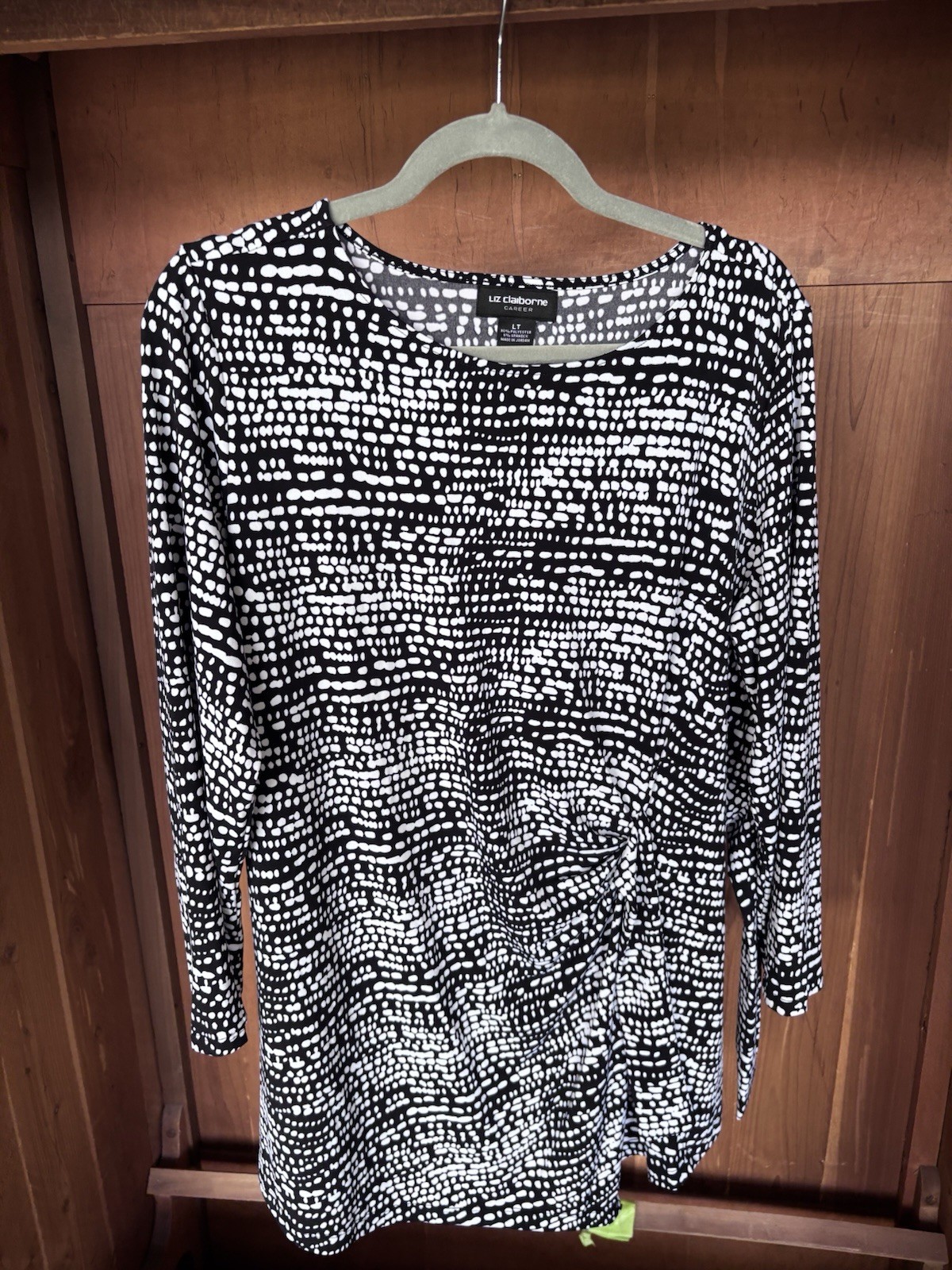 Liz Claiborne Career Faux Wrap Top Size LT Black White Geometric Dot Print