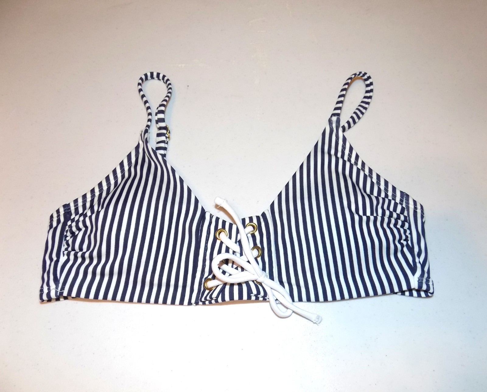 XHILARATION Small Black Blue Striped Bikini Top Gold Lace up Front