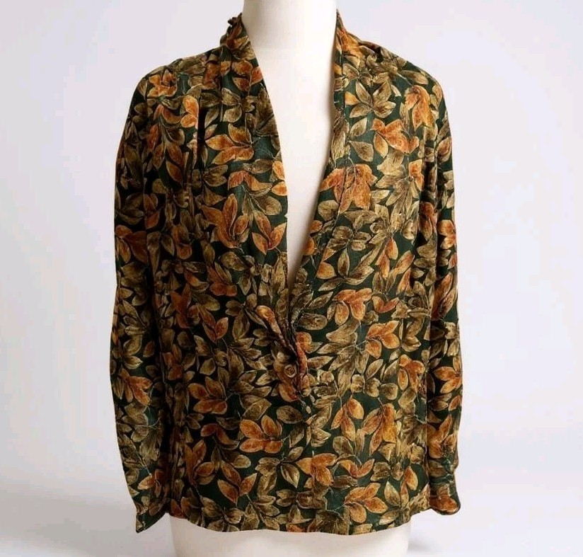 Quo 100% Silk Blazer Jacket Womens Large Boho Floral Leaf Print Lightweight