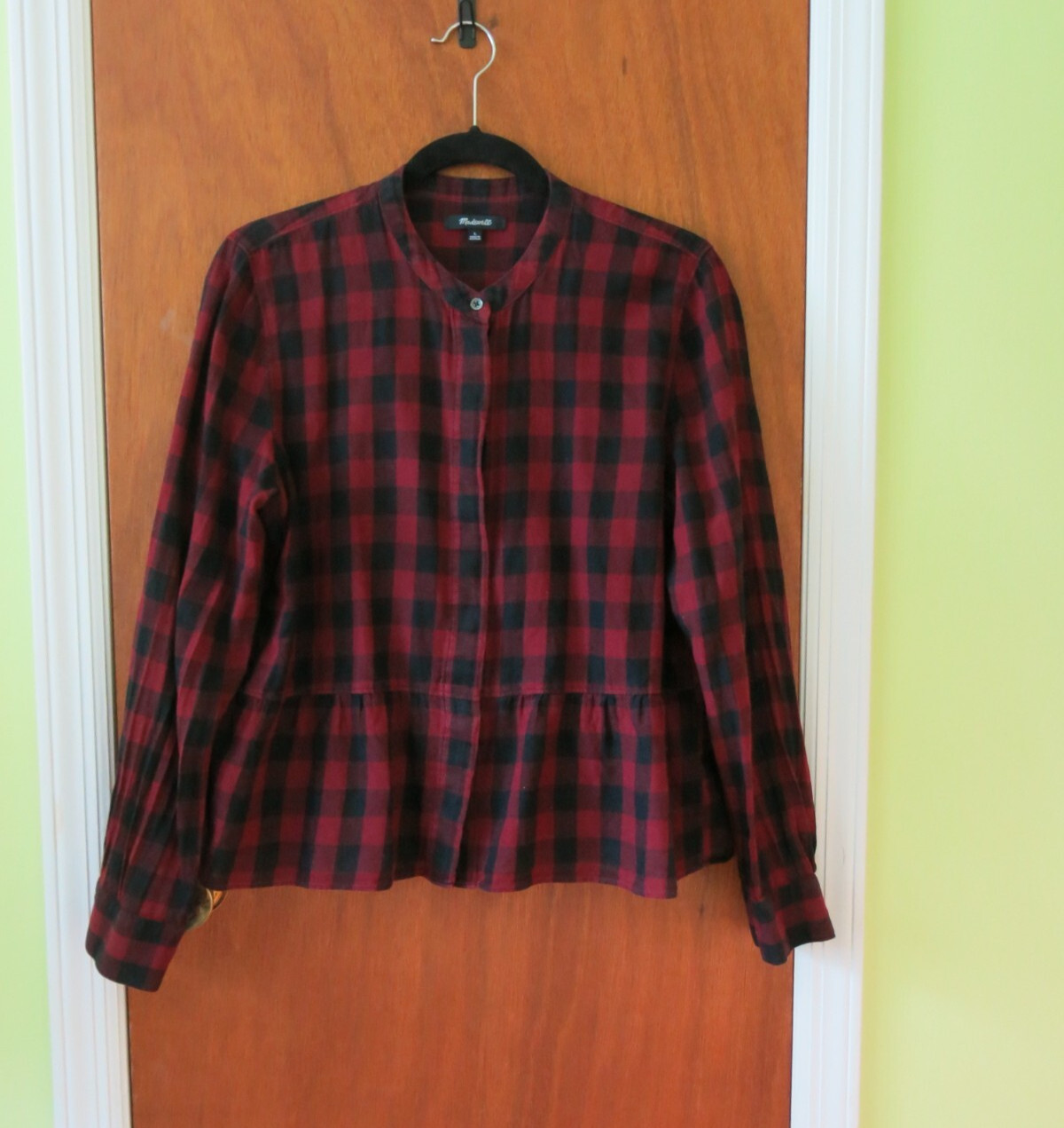 Madewell Lakeside Peplum blouse red/black buffalo check button-down top Large
