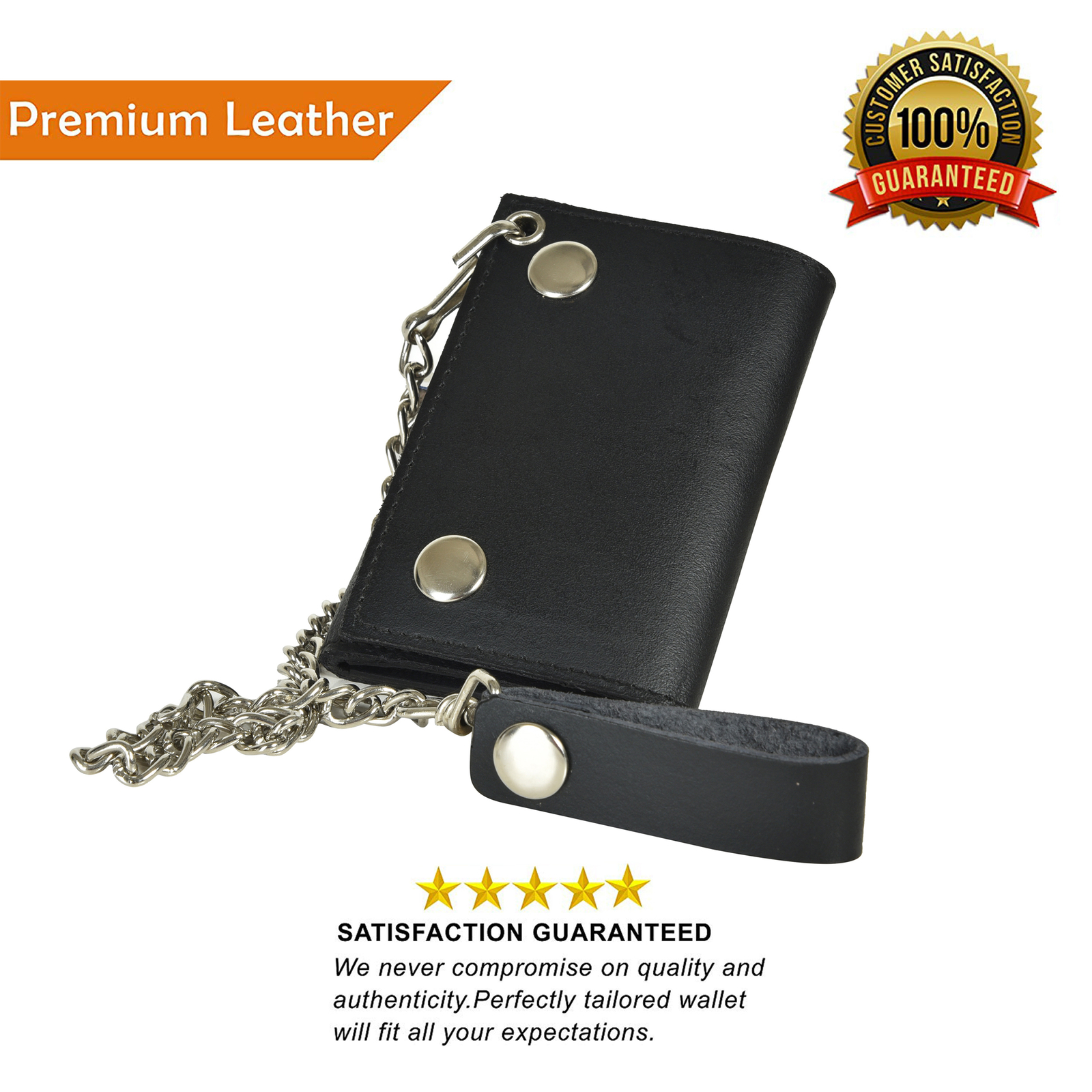Leatherboss Genuine Leather Men’s Trifold Wallet with Chain Biker Trucker ,Black