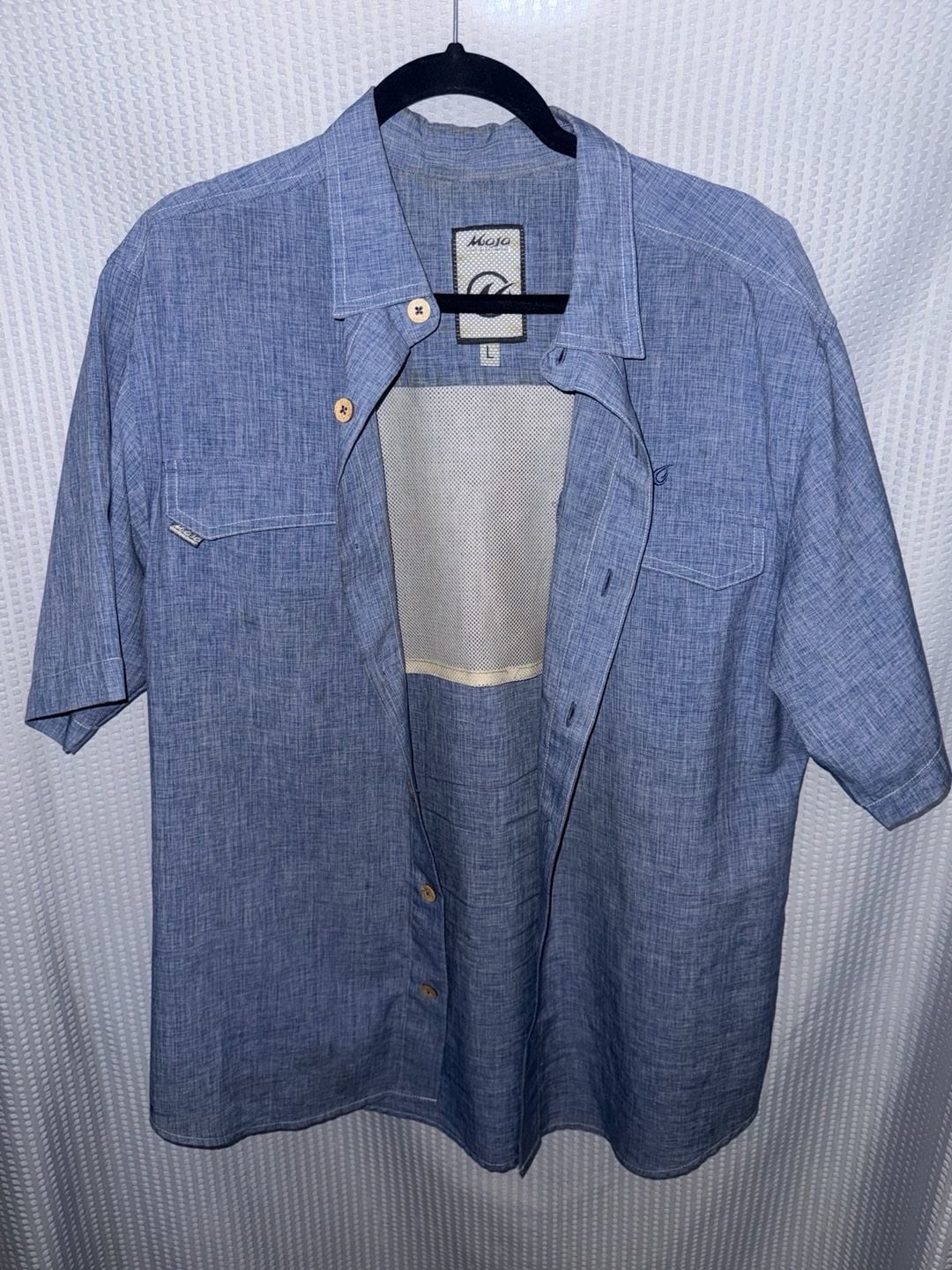 Mojo Sportswear Company Mens Blue Short Sleeve Vented Button Down Fishing Shirt