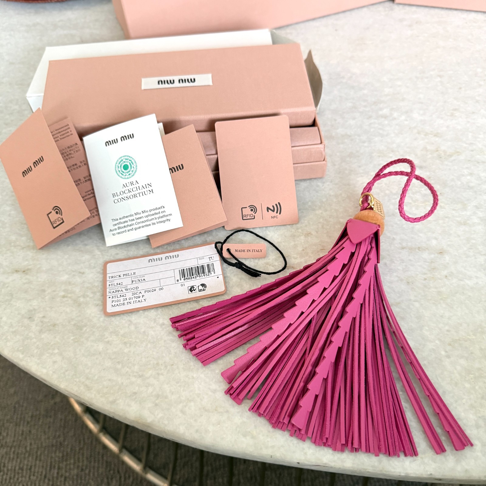 Miu Miu Bag Charm Leather Keychain NEW, Pink Tassel with wood top