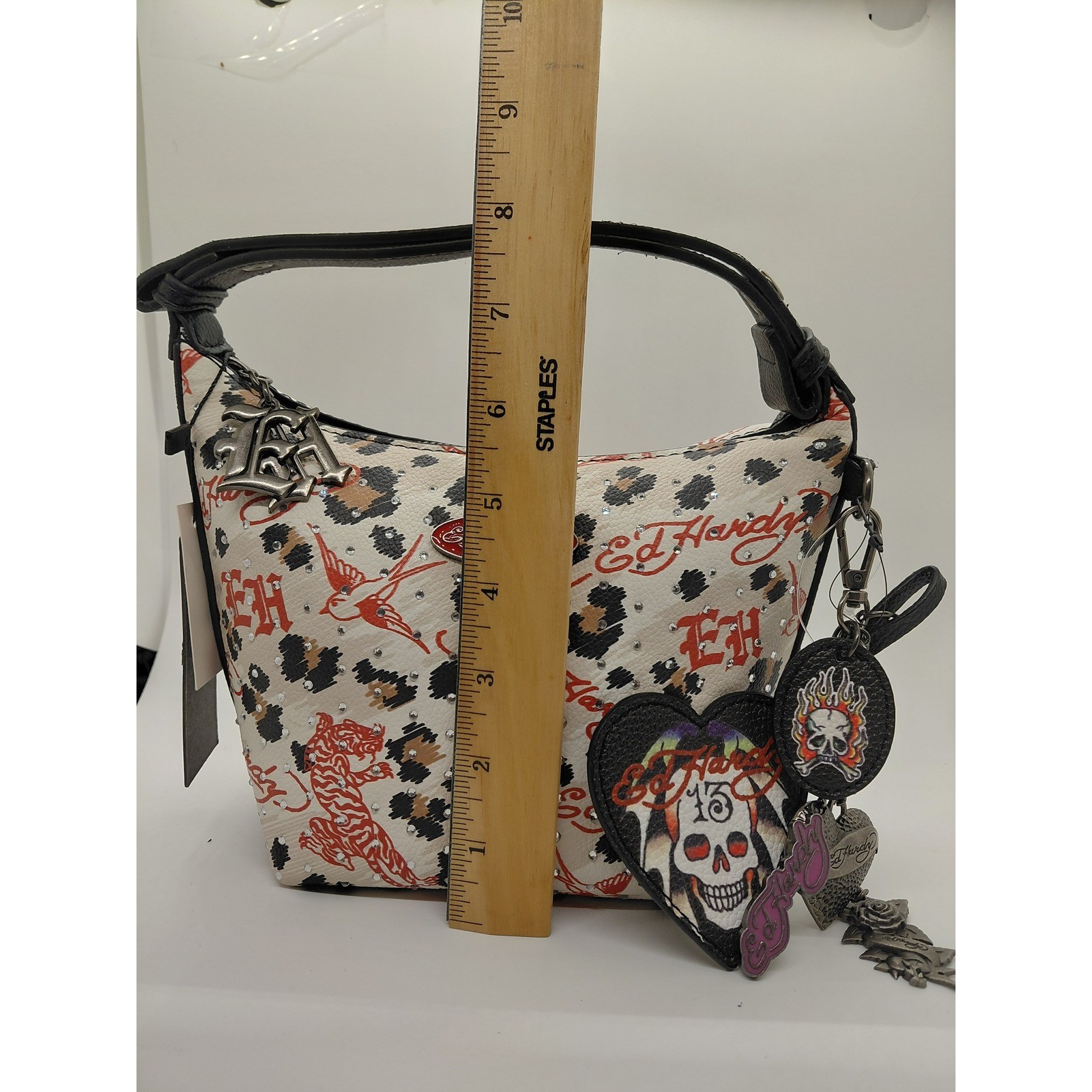 NEW Ed Hardy Leopard Print Tattoo Graphic Rhinestone Shoulder Bag With Charms
