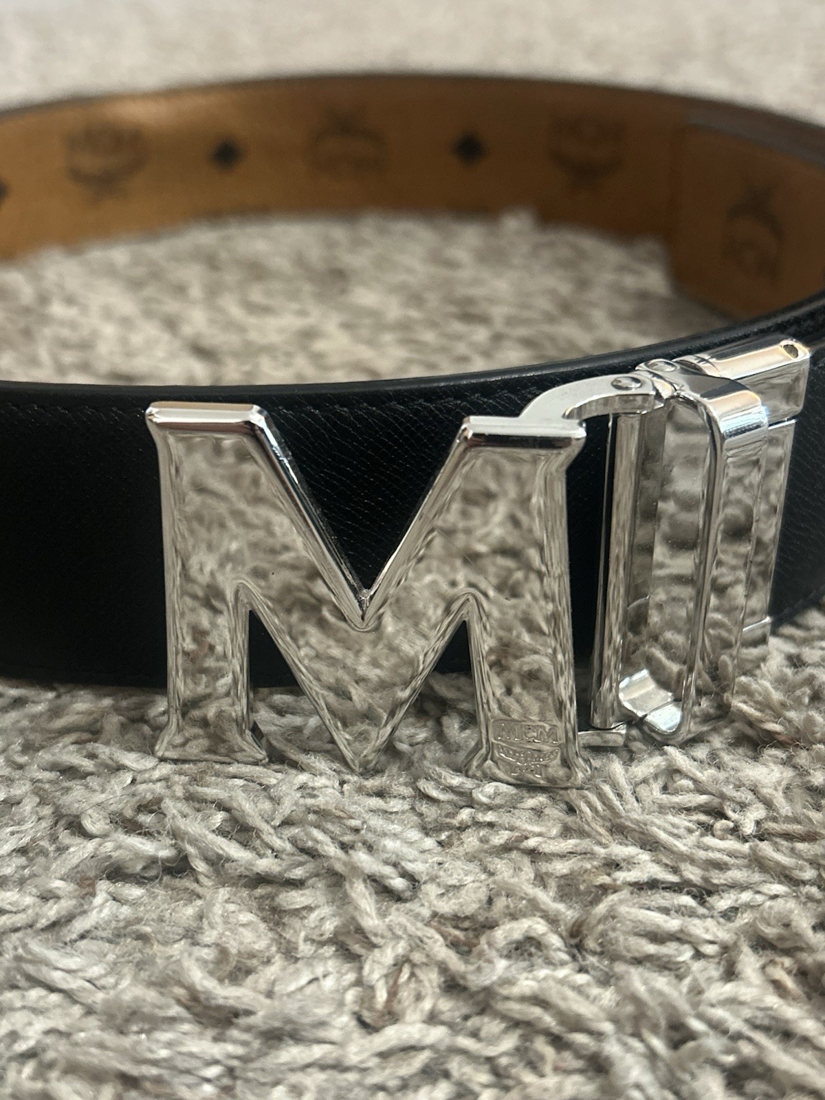 MCM Men’s Reversible Logo Belt Black/Brown Silver-Tone M Buckle 1.5″ *REAL*