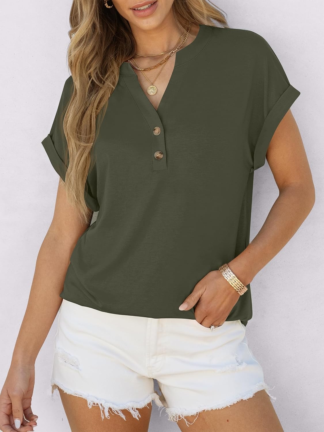 Womens Henley V Neck Short Sleeve Loose Fit Casual Summer Tunic Blouse Top