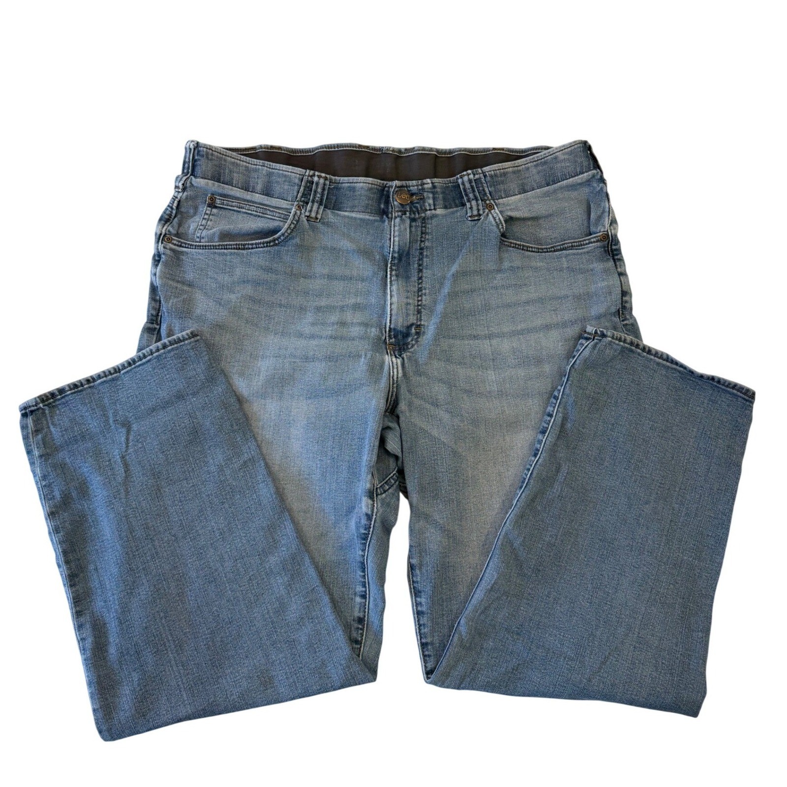 Lee Extreme Motion Mens Straight Fit Jeans Light Wash Elastic Waist 42×29