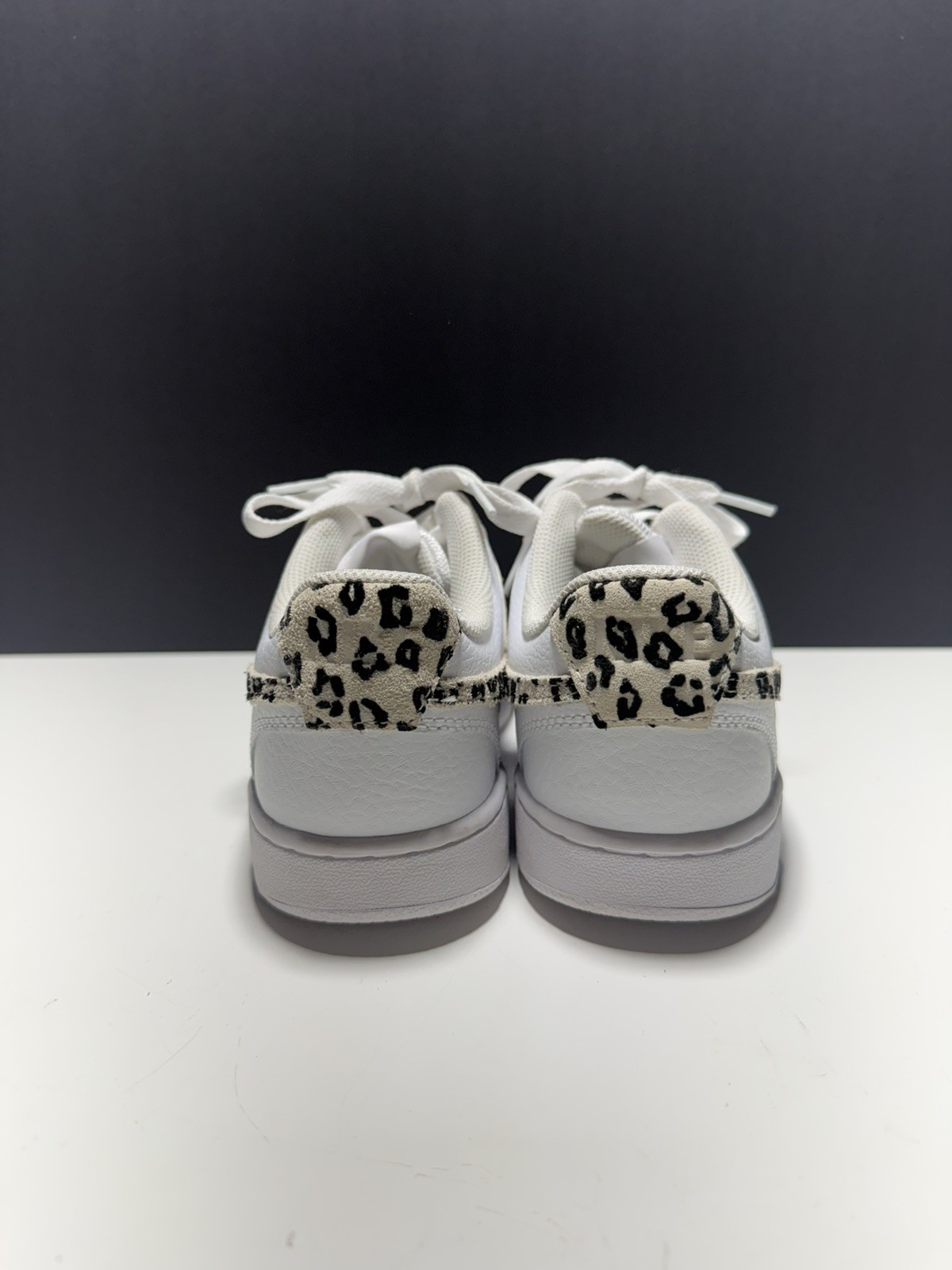Size 7.5- Nike Court Vision Low Leopard Swoosh – White
