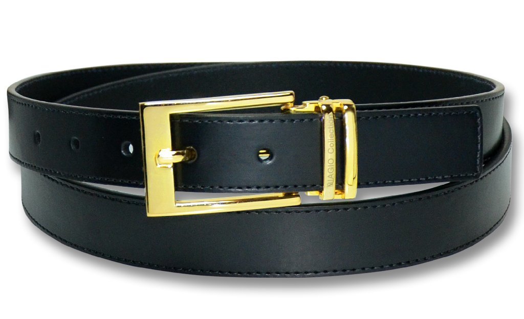 Biagio Men’s Solid BLACK Bonded Leather Dress Belt with Gold-Tone Belt Buckle