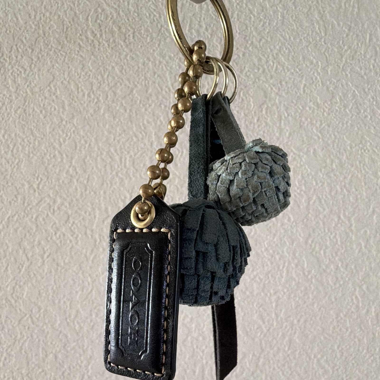 Coach Leather Tassel Logo Keychain Strap Blue/Black Metal Key Chain