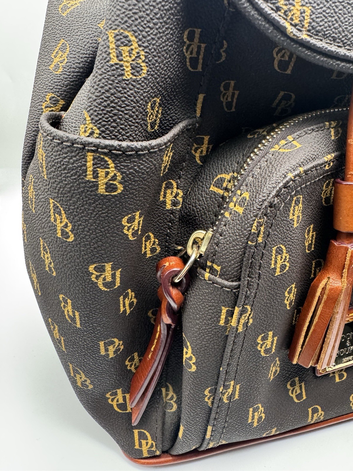 Dooney & Bourke Greta Signature Murphy Backpack Tassel Draw String Monogrammed