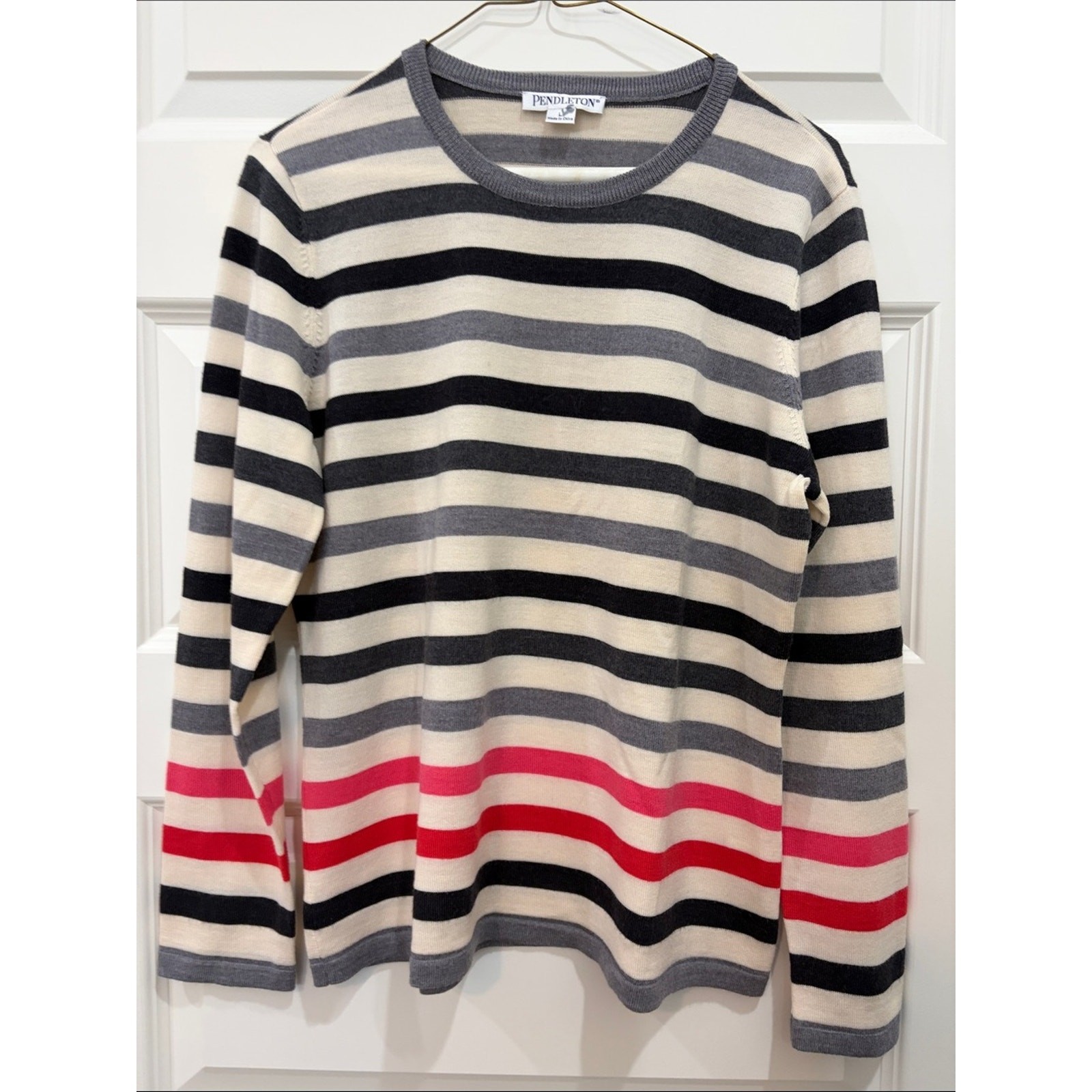 Pendleton Cream, Gray, Black & Pink-Red Striped Crewneck Sweater, Wm Sz L