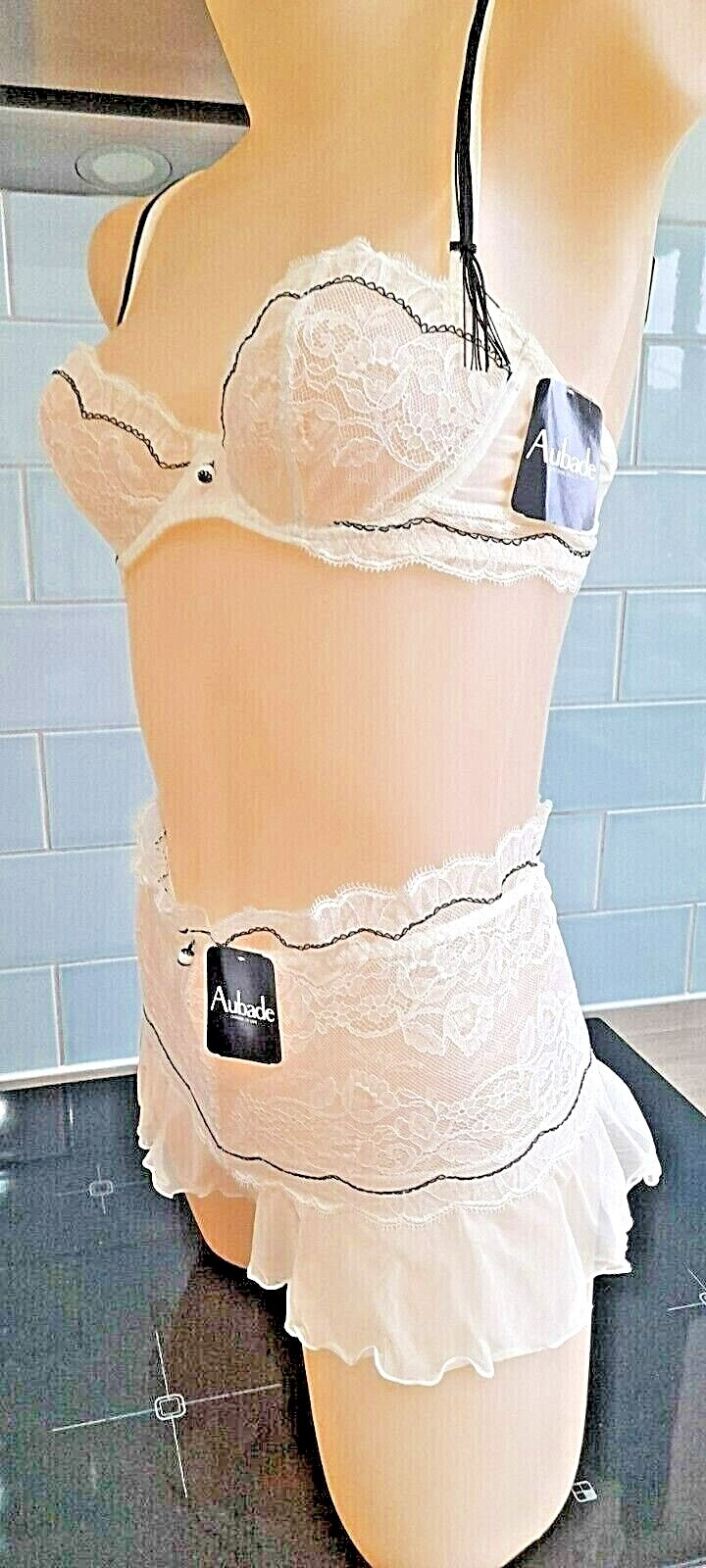 Aubade Ivory/Black Collection CHAR Sheer Lace/Mesh French Knickers