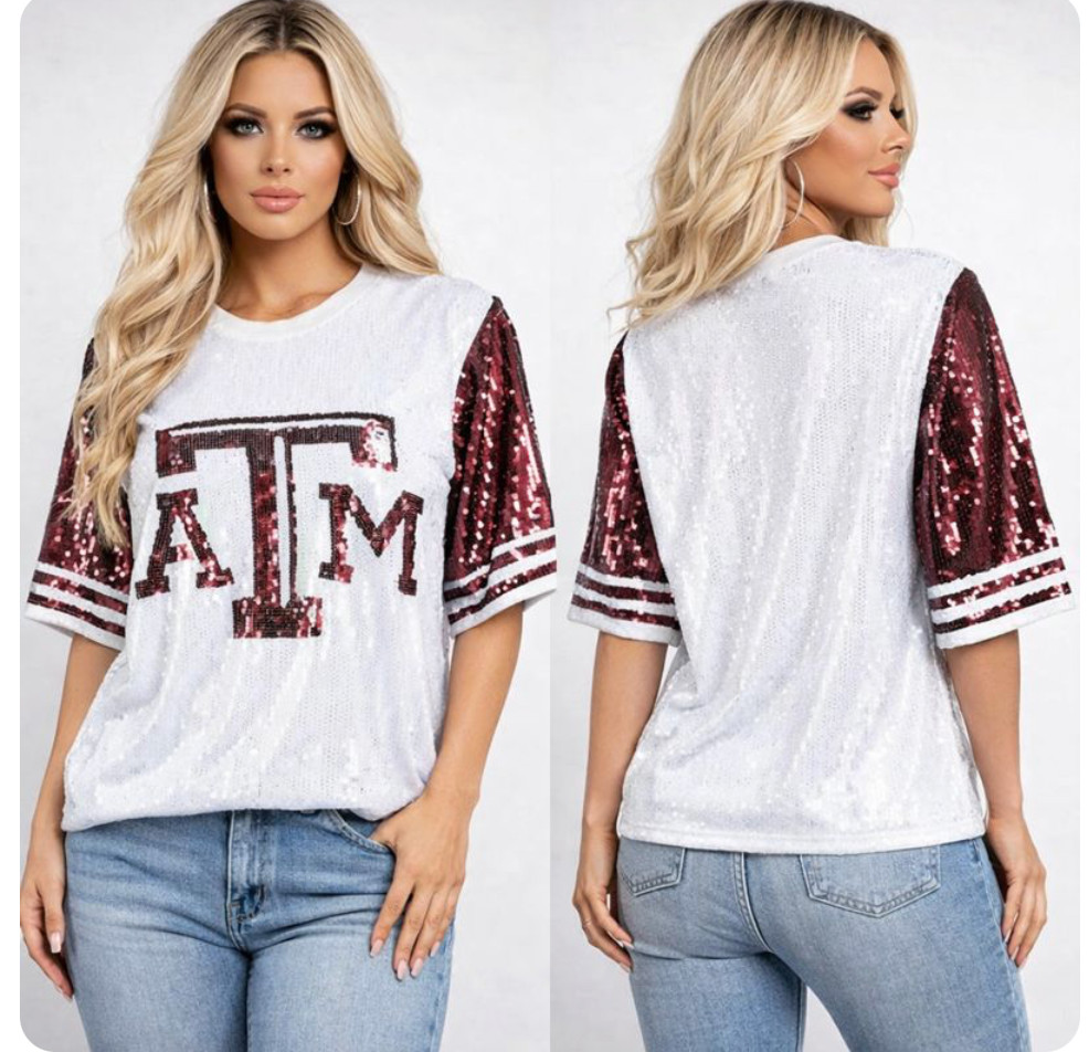 Texas College AM Sequin Game Day Jersey Top Outfit Bling New One Size