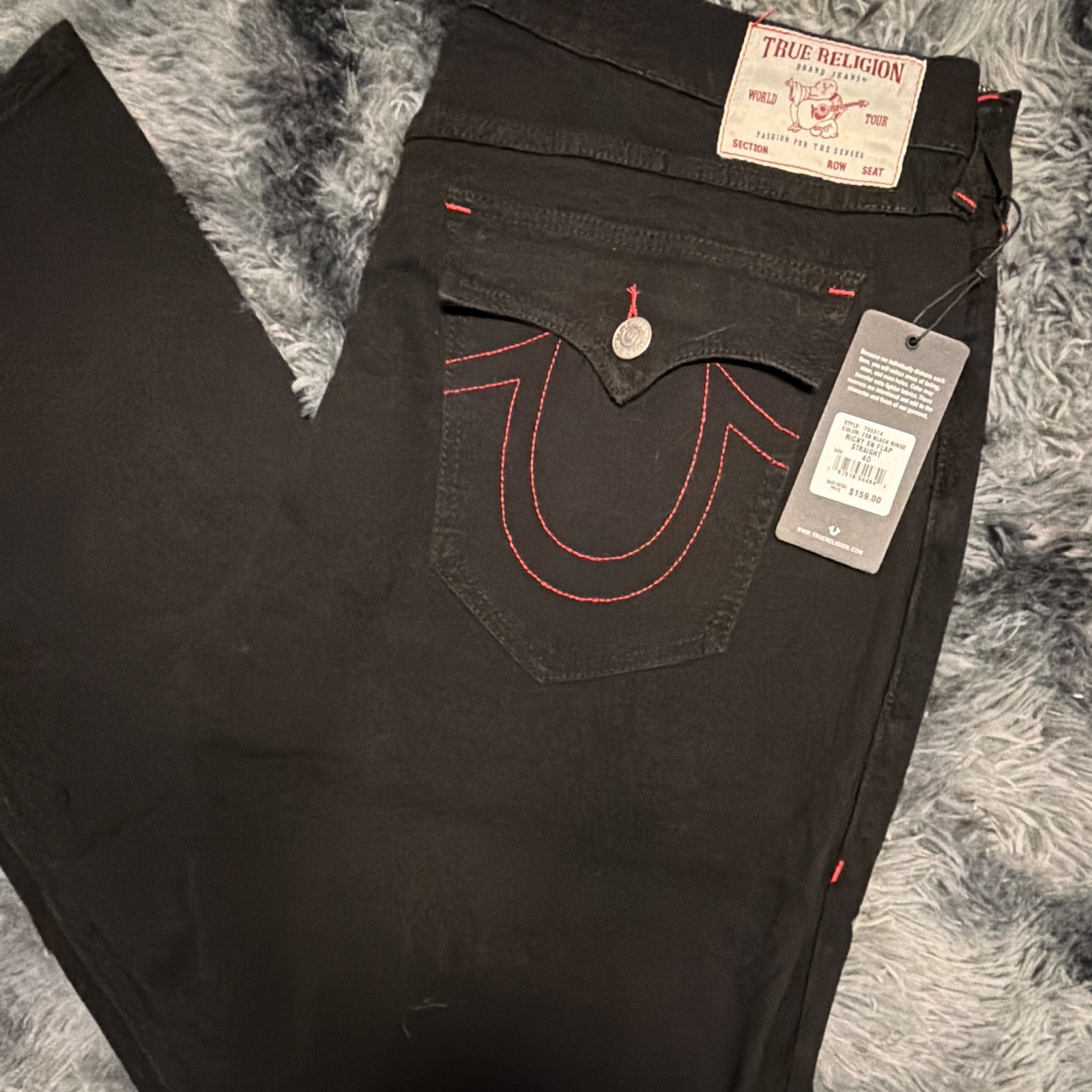 True Religion Men’s Black Straight Fit Dark Wash Denim Jeans Red Stitching 40